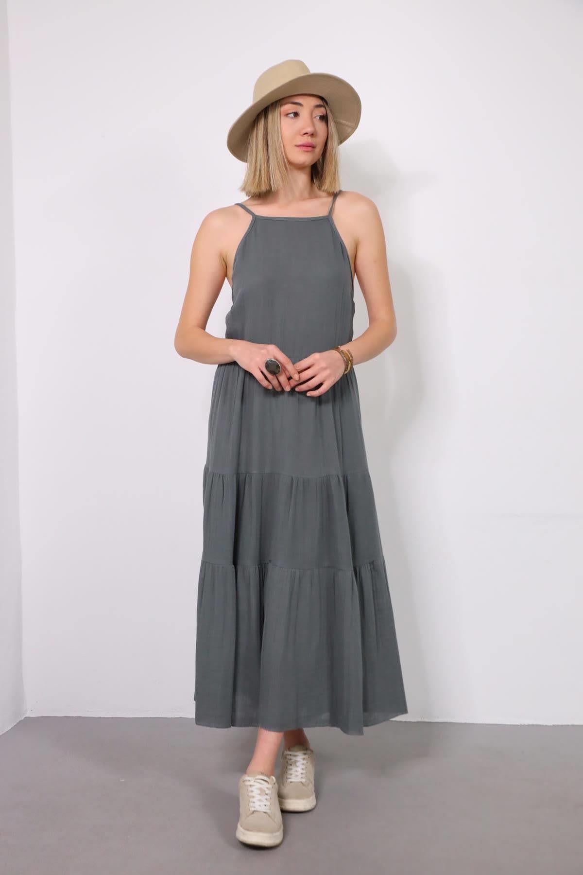 Antrasit Gipeli Sırt Dekolteli Askılı Elbise - Şaman Butik Antrasit Gipeli Sırt Dekolteli Askılı Elbise