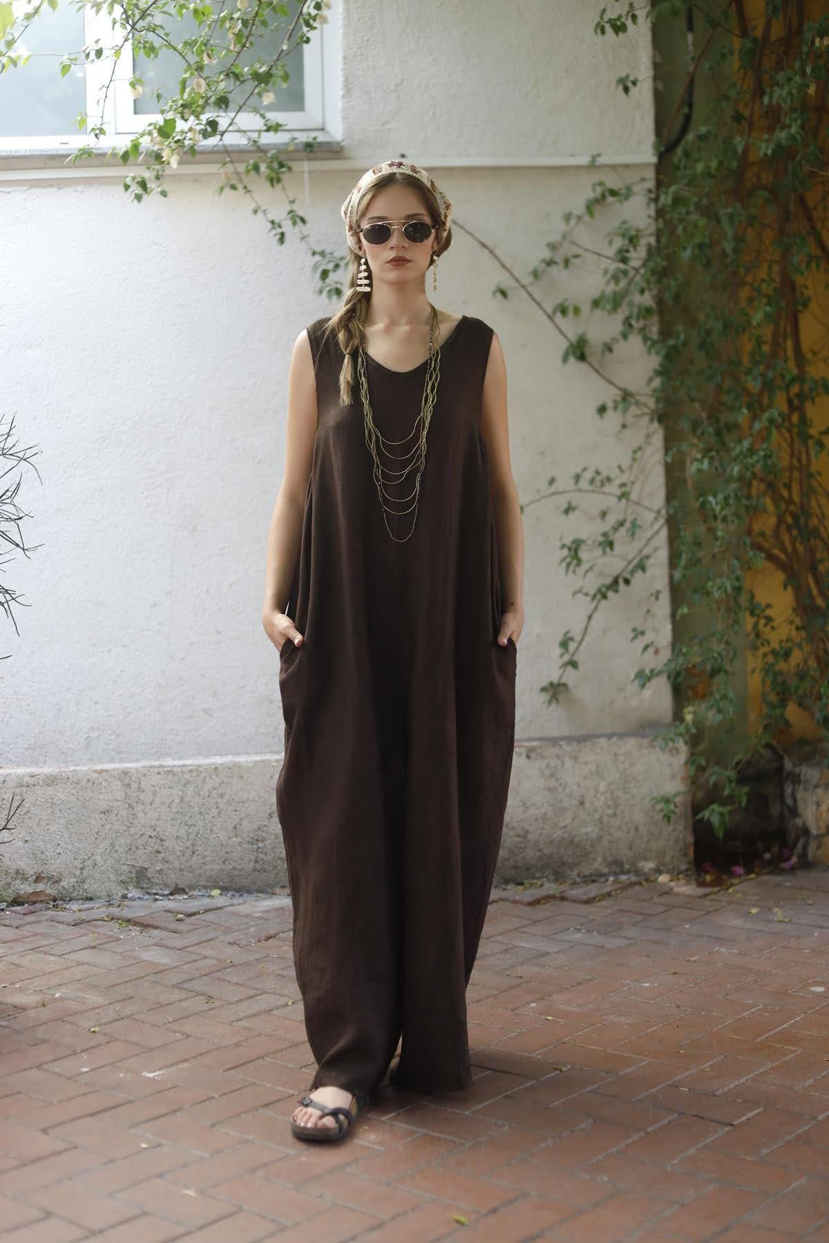 Brown Zipper Linen Jumpsuit