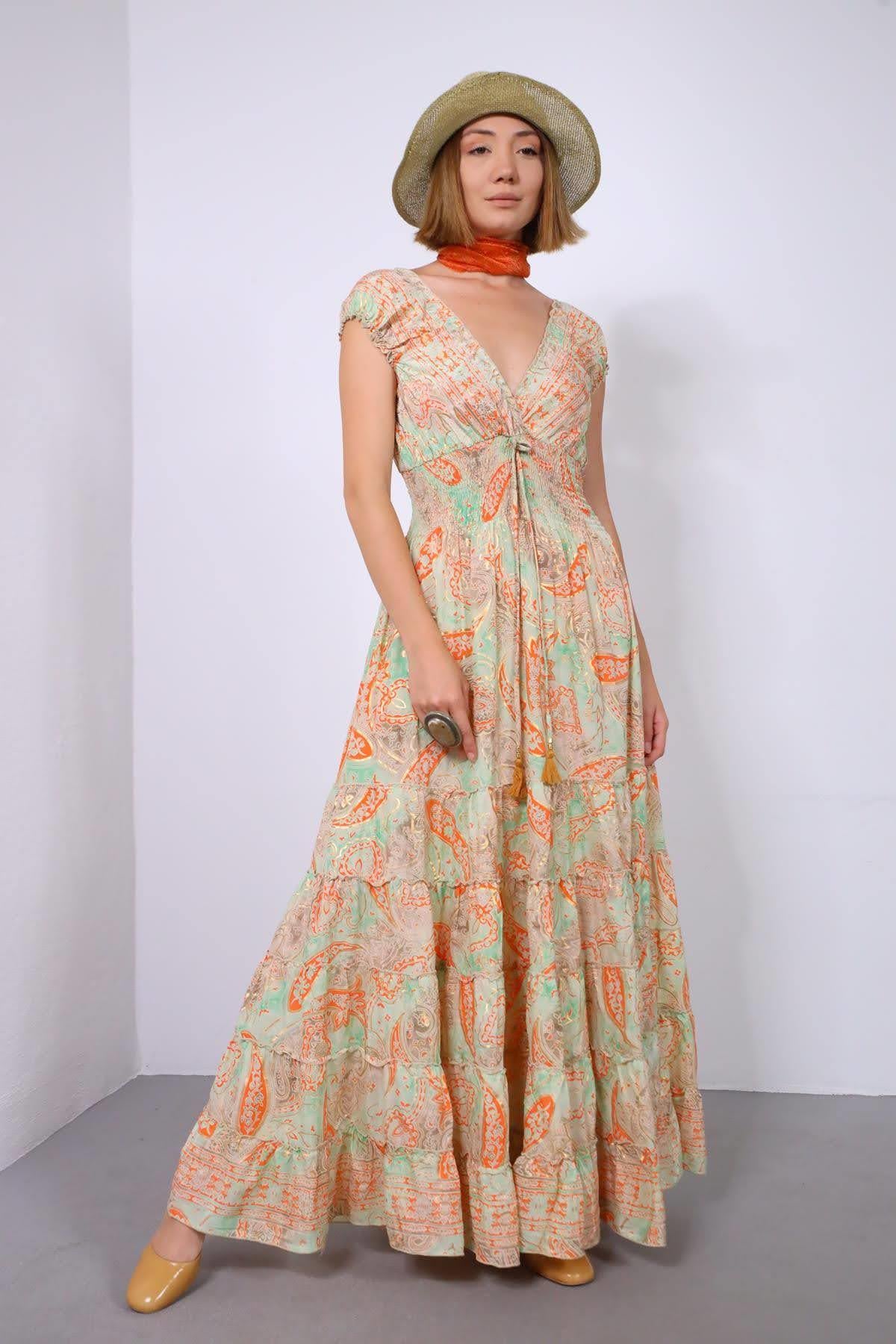 Su Yeşili Karpuz Kol Püsküllü Gipeli İpek Elbise - Şaman Butik Su Yeşili Karpuz Kol Püsküllü Gipeli İpek Elbise