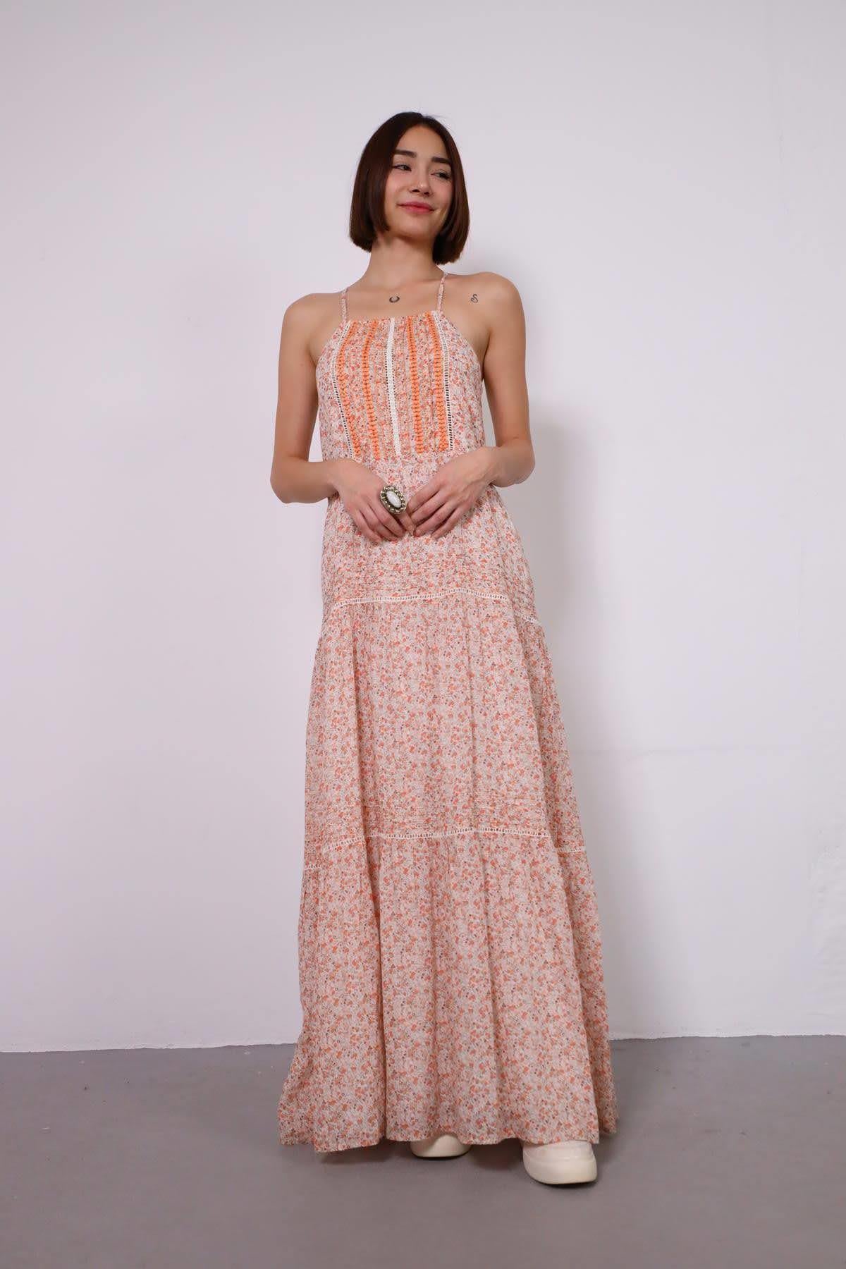 Turuncu İşlemeli İnce Askılı Bohem Elbise - Şaman Butik Turuncu İşlemeli İnce Askılı Bohem Elbise