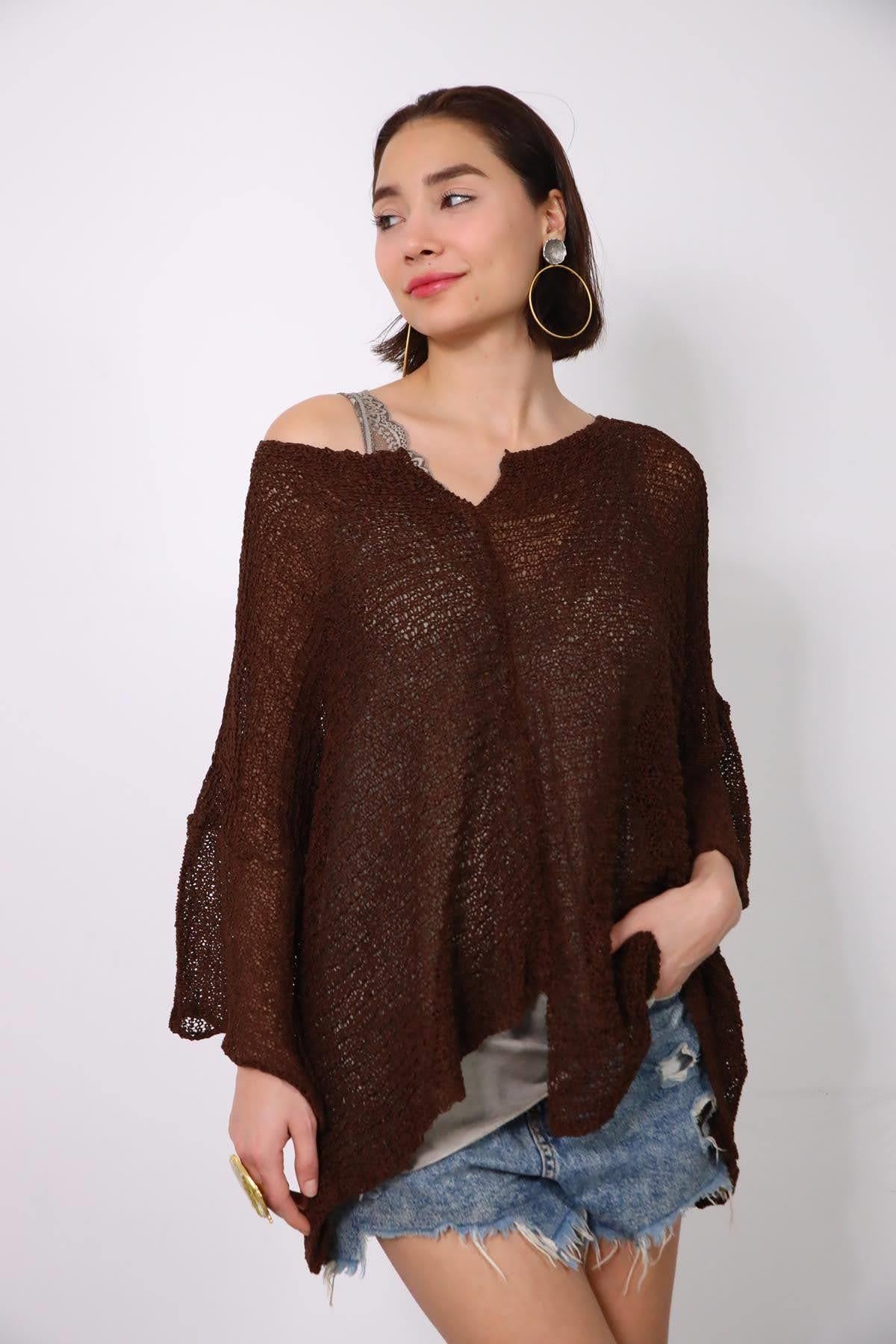 Dark Brown Lightweight Knitted Blouse - Saman Butik | Shop Online Dark Brown Lightweight Knitted Blouse