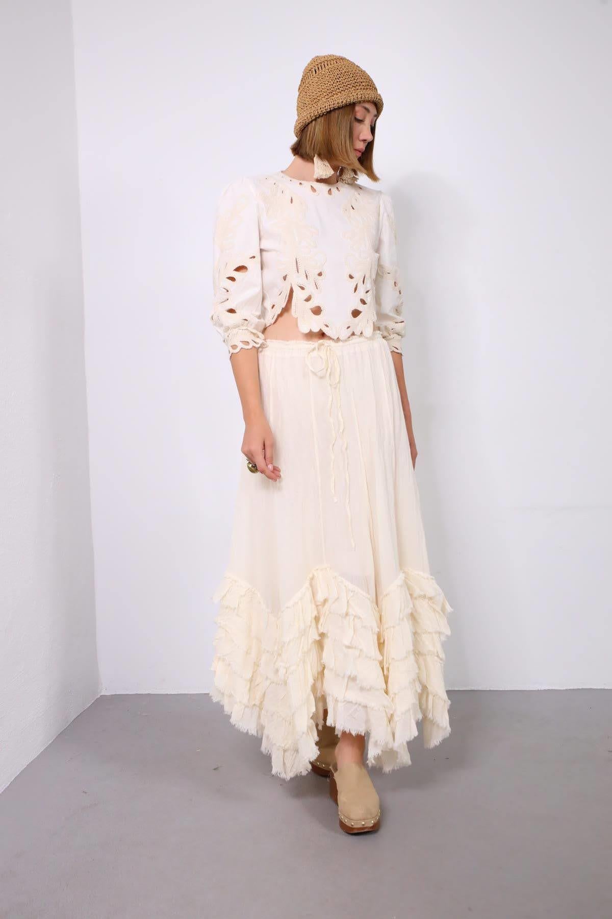 Ekru Asimetrik Volanlı Bohem Etek - Şaman Butik Ekru Asimetrik Volanlı Bohem Etek