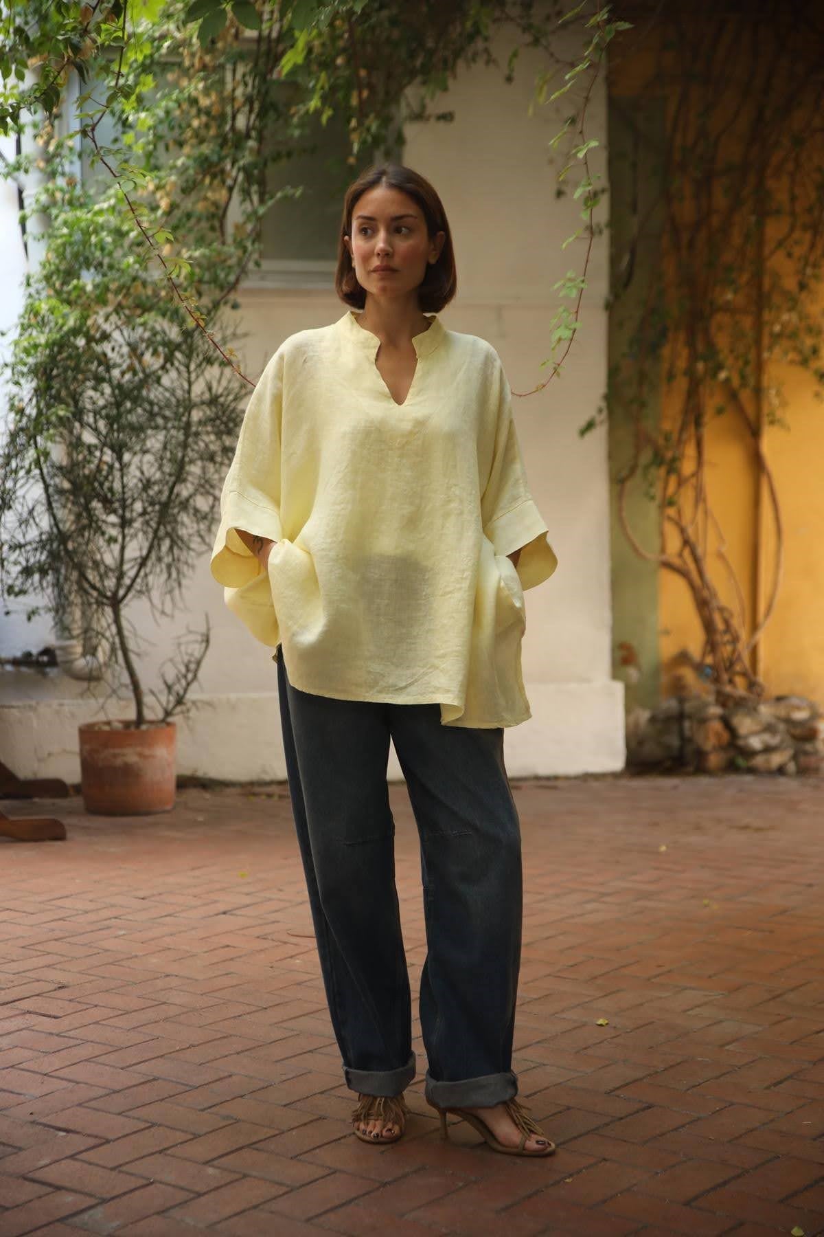 Butter Yellow Duble Kol Keten Tunik