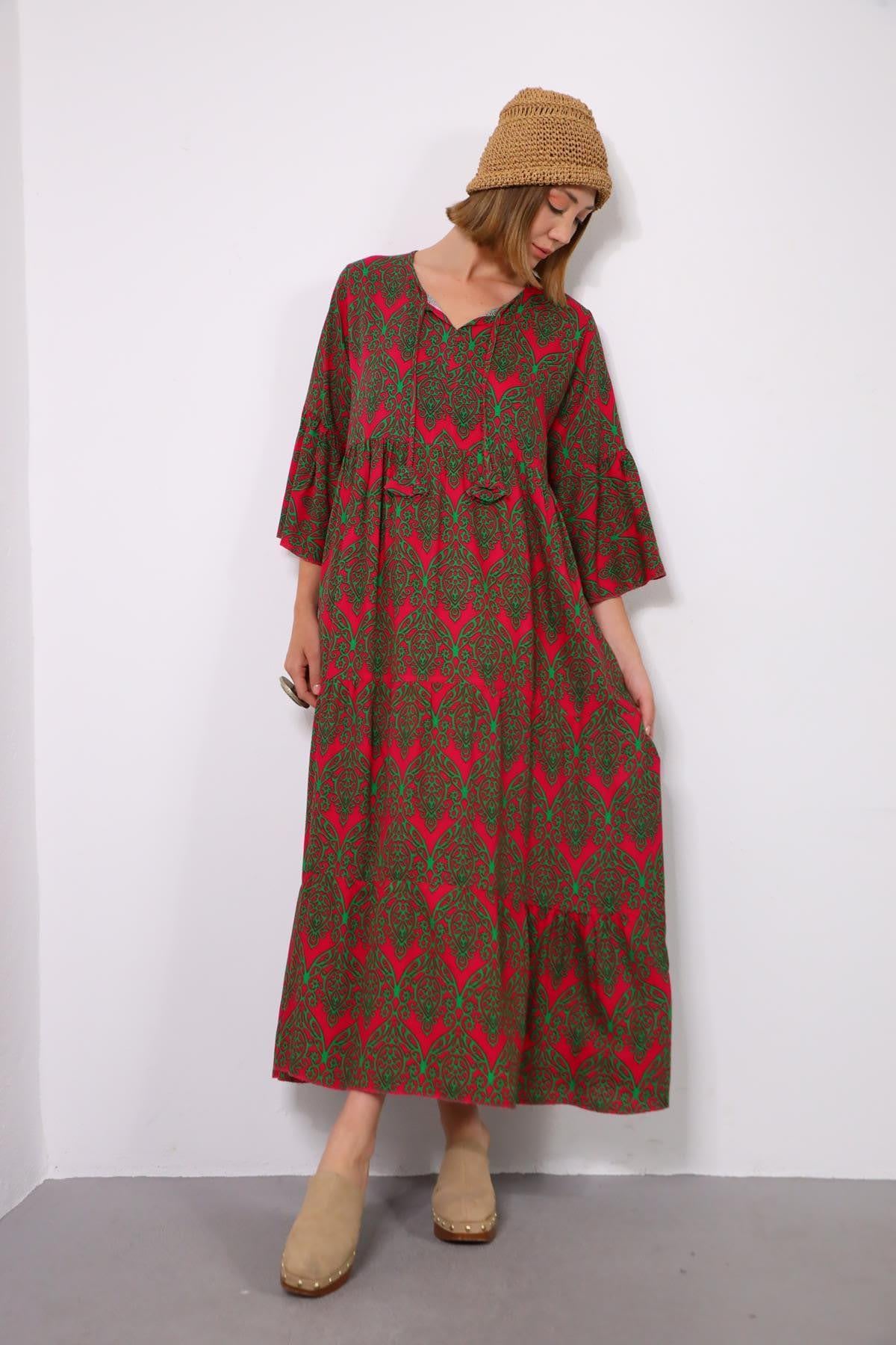 Fuşya Kesik Yaka Kolları Volanlı Etnik Desenli Elbise - Şaman Butik Fuşya Kesik Yaka Kolları Volanlı Etnik Desenli Elbise