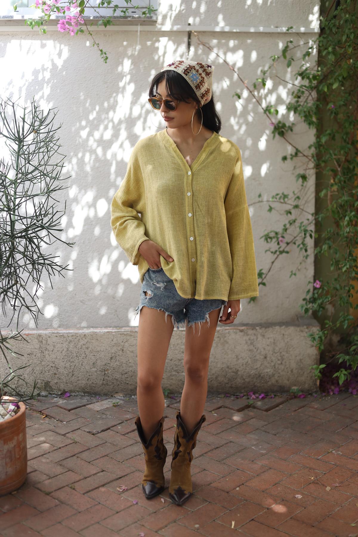 Yellow Mandarin Collar Soft Linen Shirt