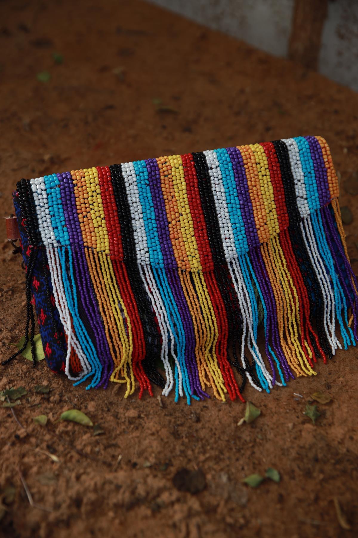 Colourful Bead Embroidered Fringed Bag