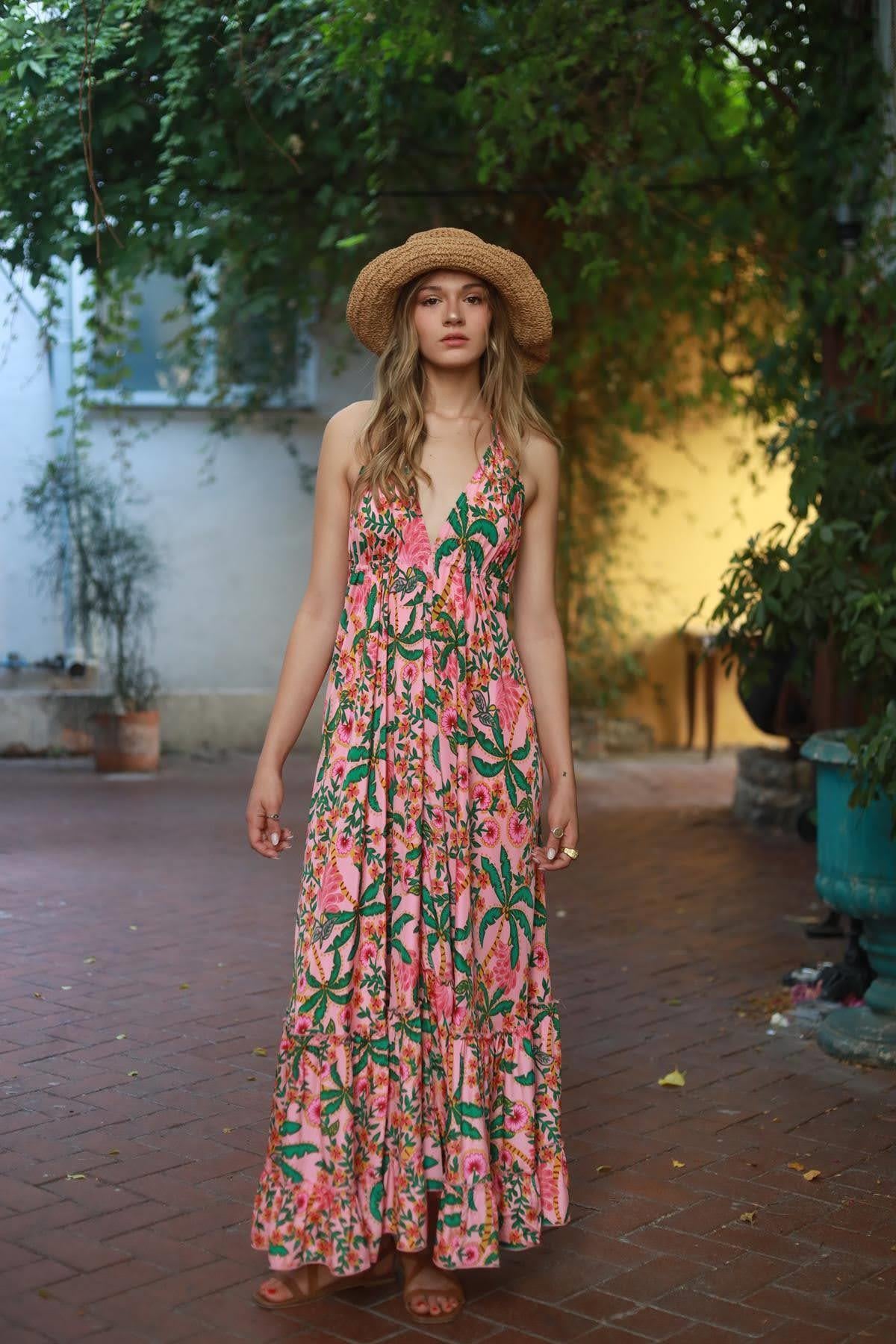 Pink Patterned Backless Silk Dress