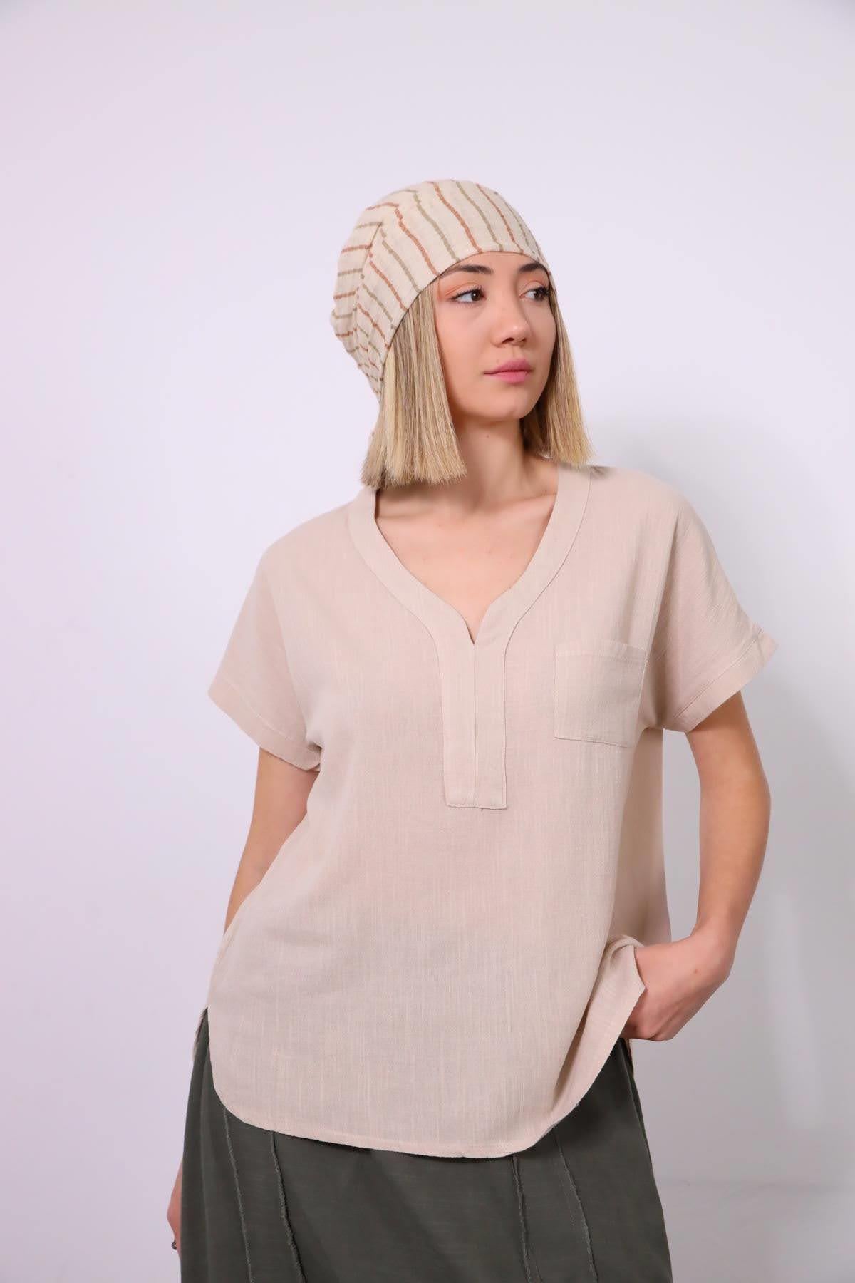 Bej V Yaka Detaylı Keten Bluz - Şaman Butik Bej V Yaka Detaylı Keten Bluz