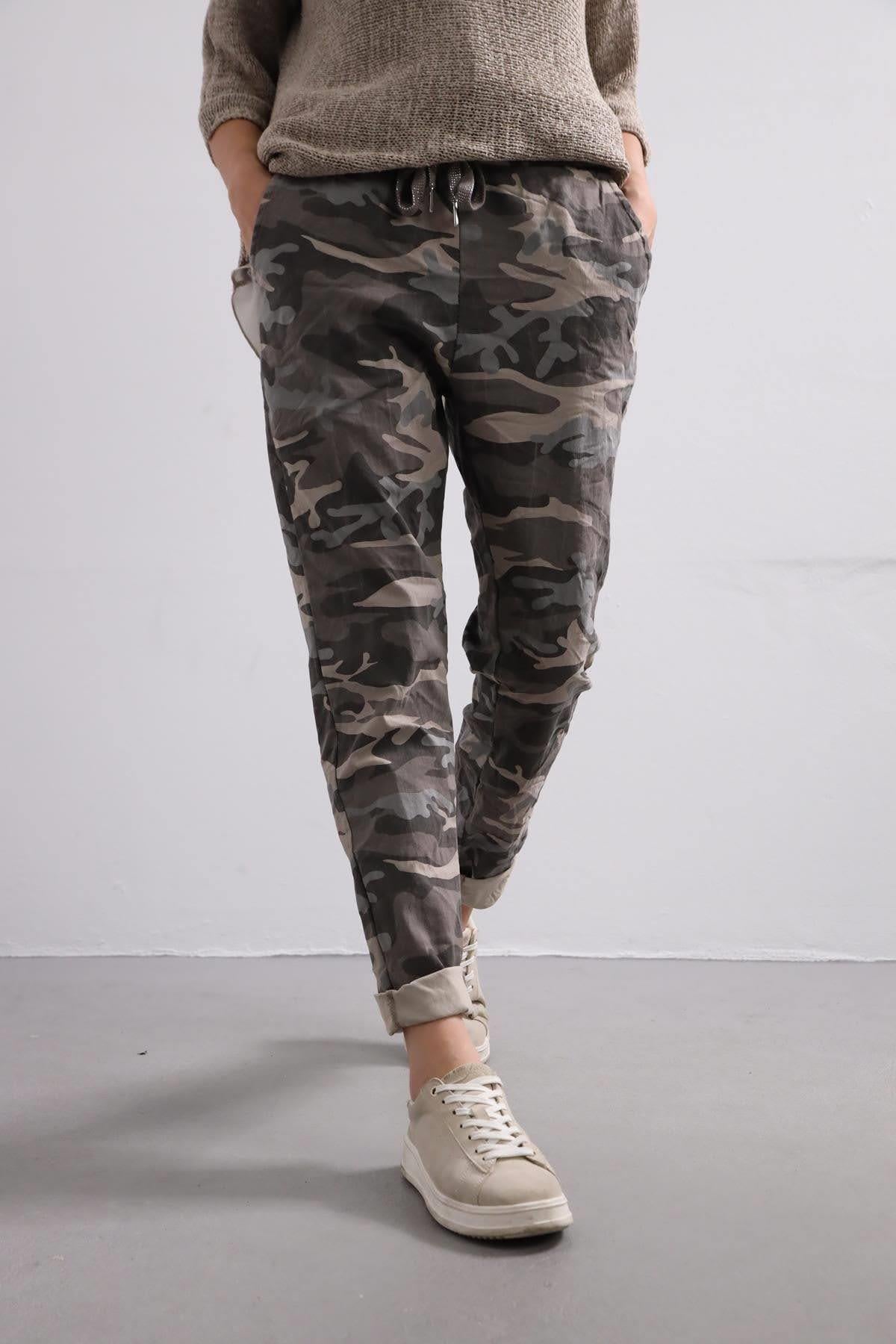 Vizon Kamuflaj Desenli Beli Bağcıklı Pantolon - Şaman Butik Vizon Kamuflaj Desenli Beli Bağcıklı Pantolon