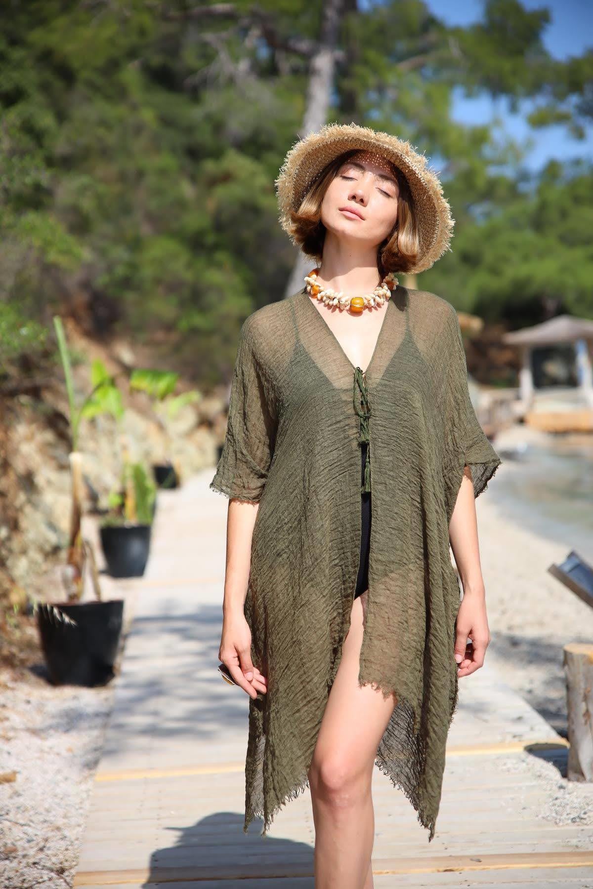 Haki Püsküllü Pareo - Şaman Butik Haki Püsküllü Pareo