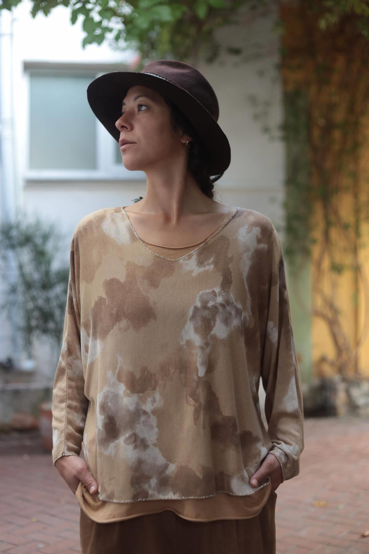 Camel Rengi Bulut Desenli Atletli Bluz