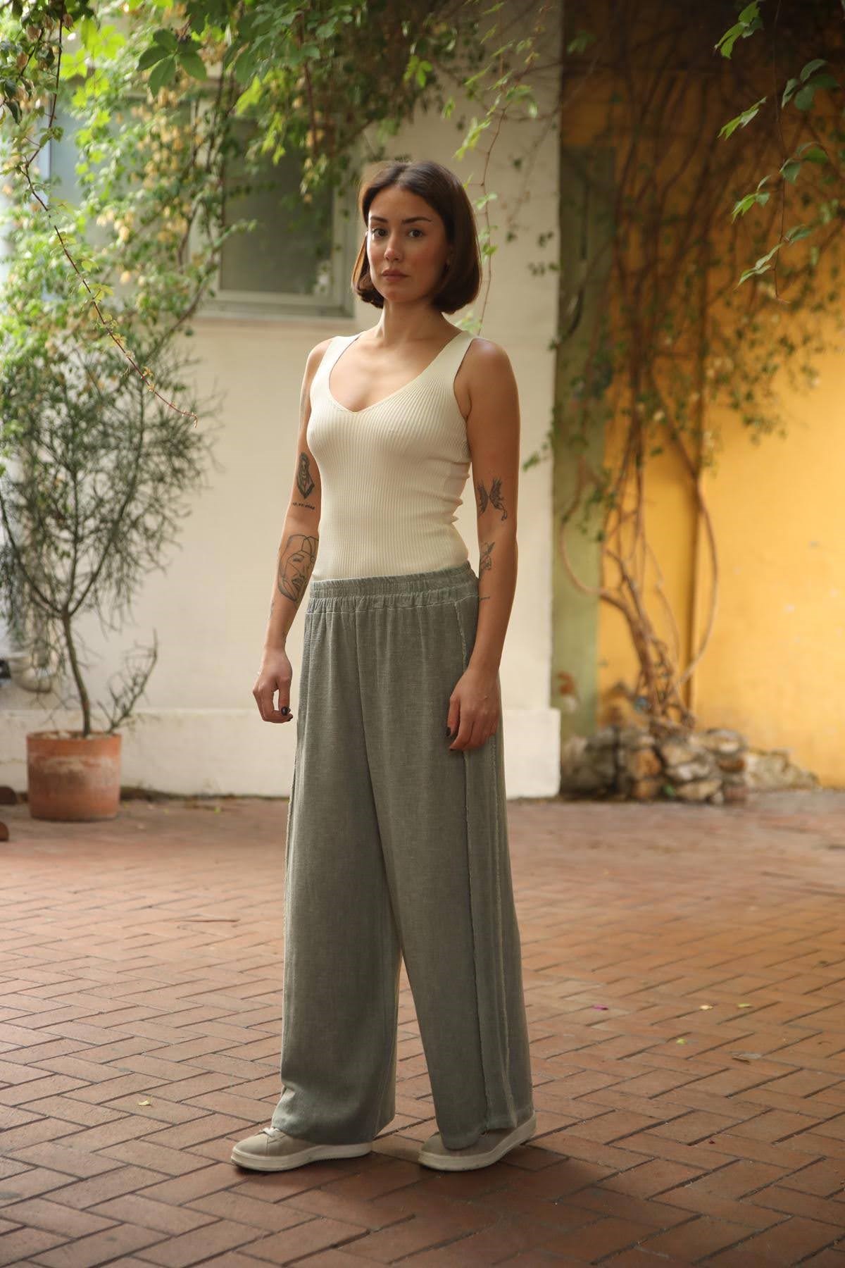 Haki Yanları Püsküllü Soft Keten Pantolon
