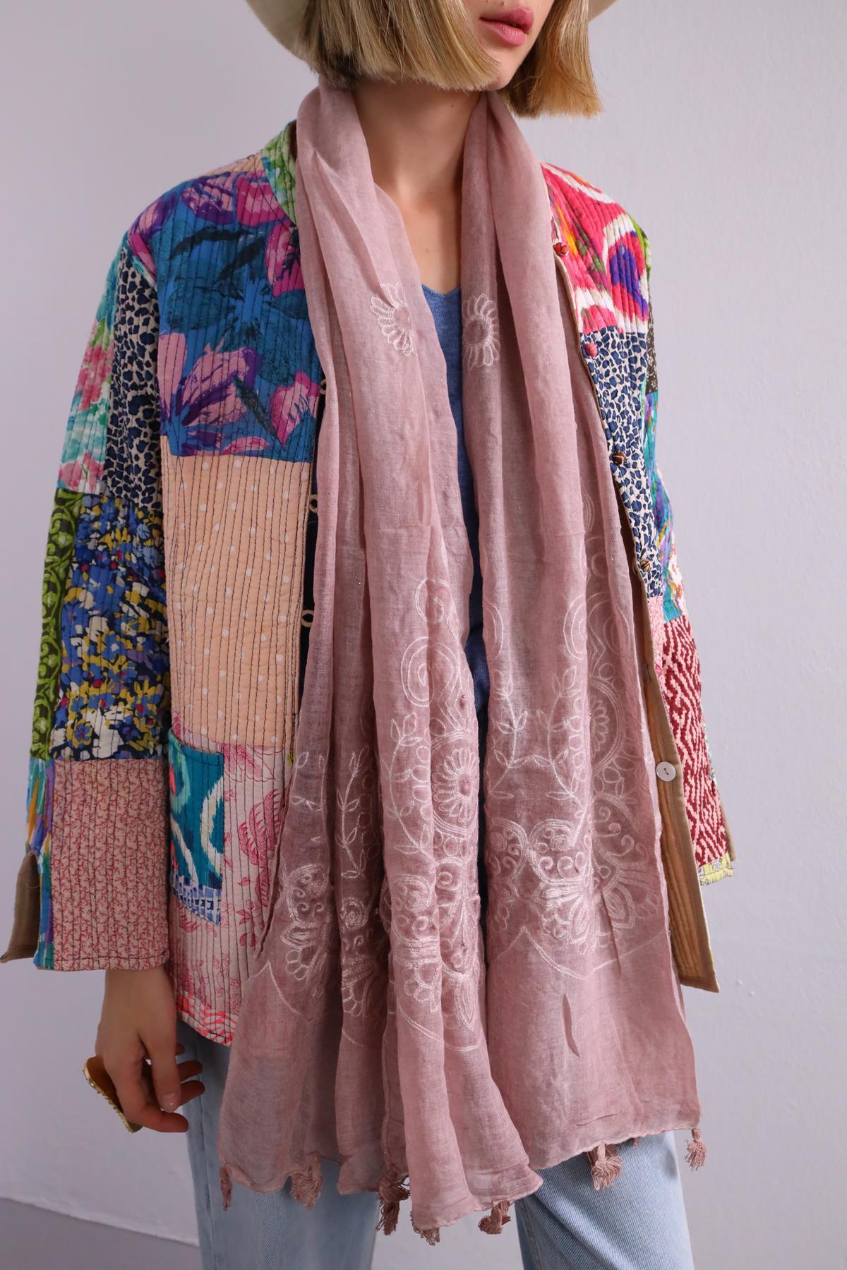  Gül Kurusu Simli İnci İşlemeli Şal