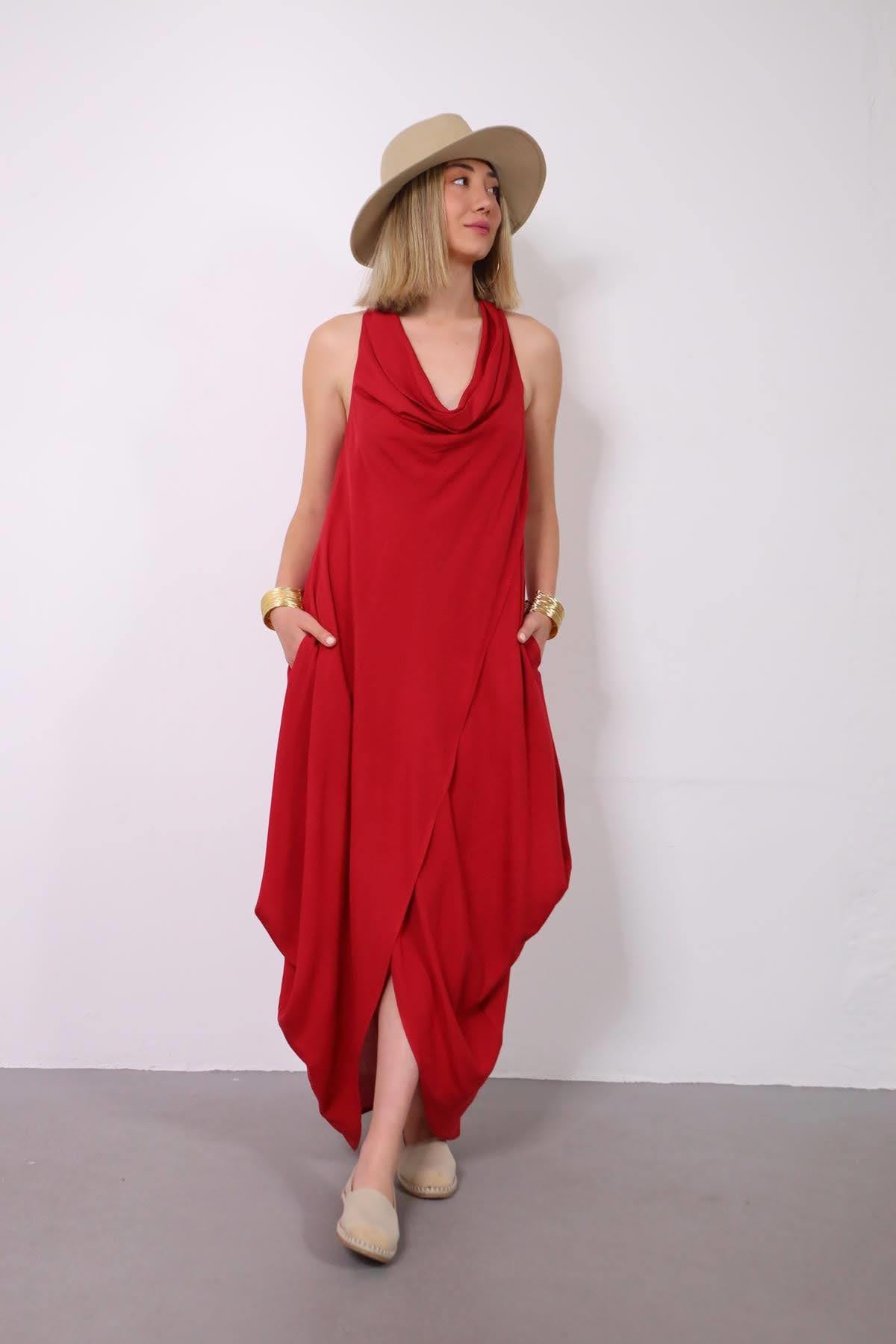 Kırmızı Degaje Yaka Otantik Elbise - Şaman Butik Kırmızı Degaje Yaka Otantik Elbise