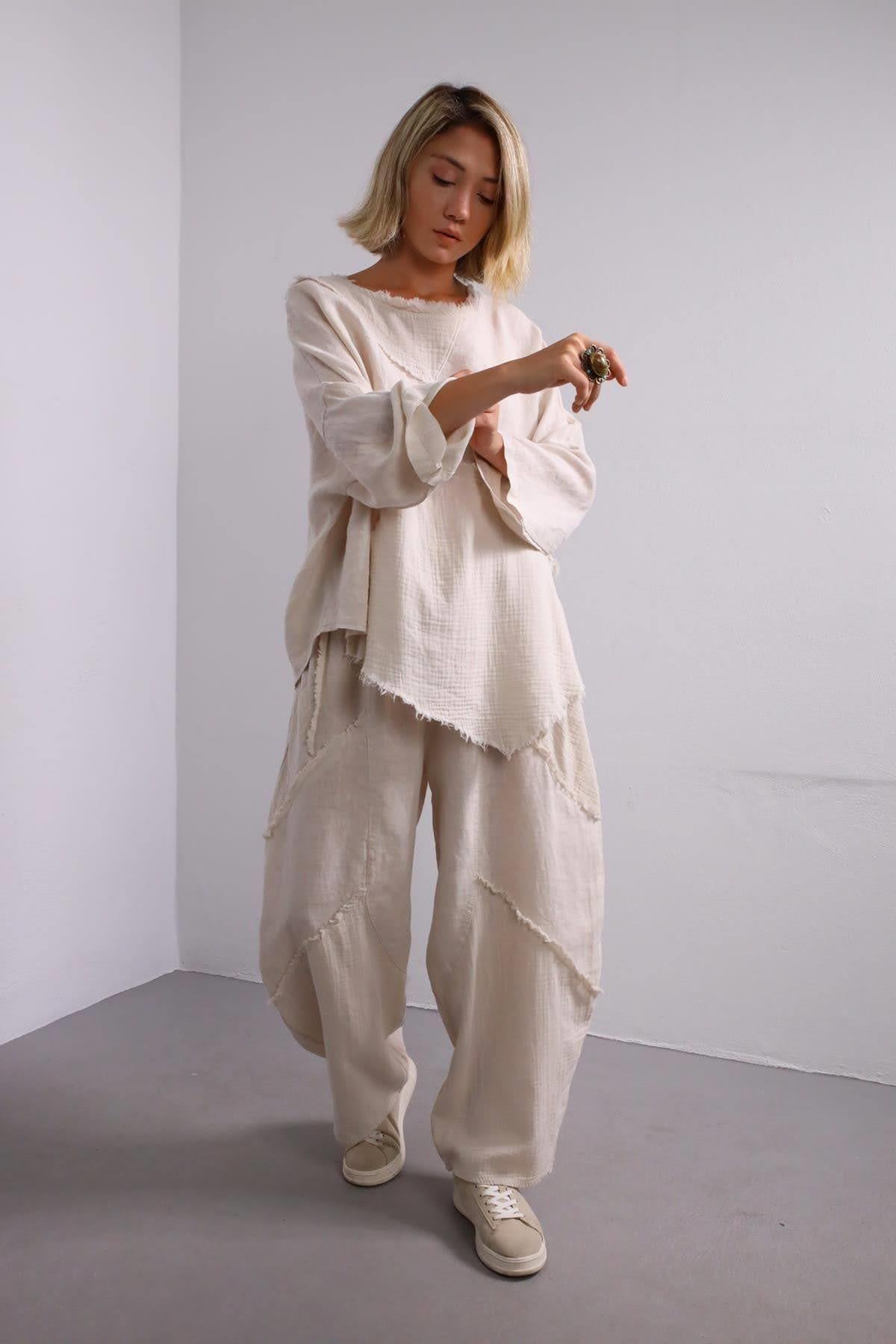Krem Rengi Müslin Parçalı Keten Takım - Şaman Butik Krem Rengi Müslin Parçalı Keten Takım
