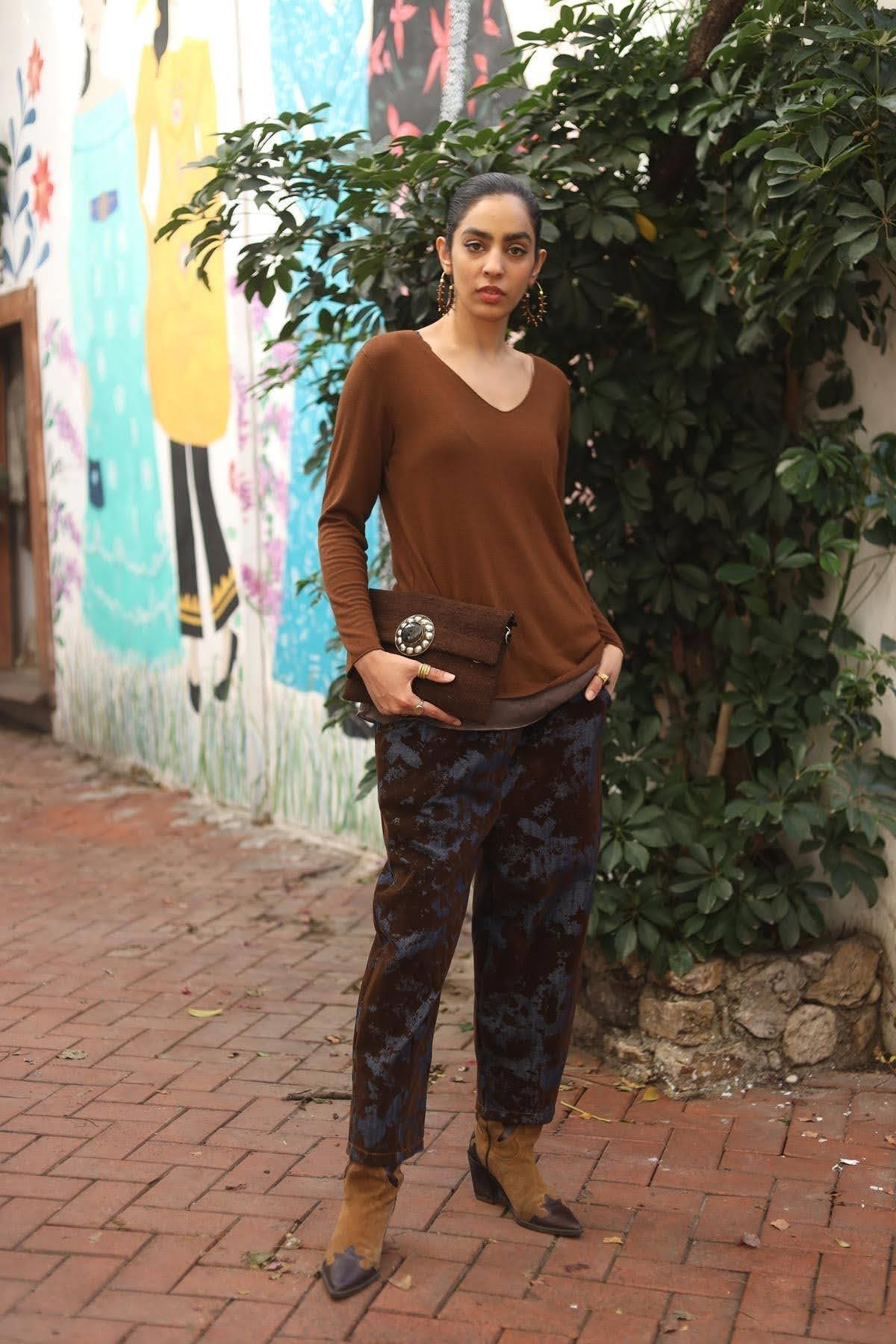 Lacivert Kadife Desenli Kot Pantolon