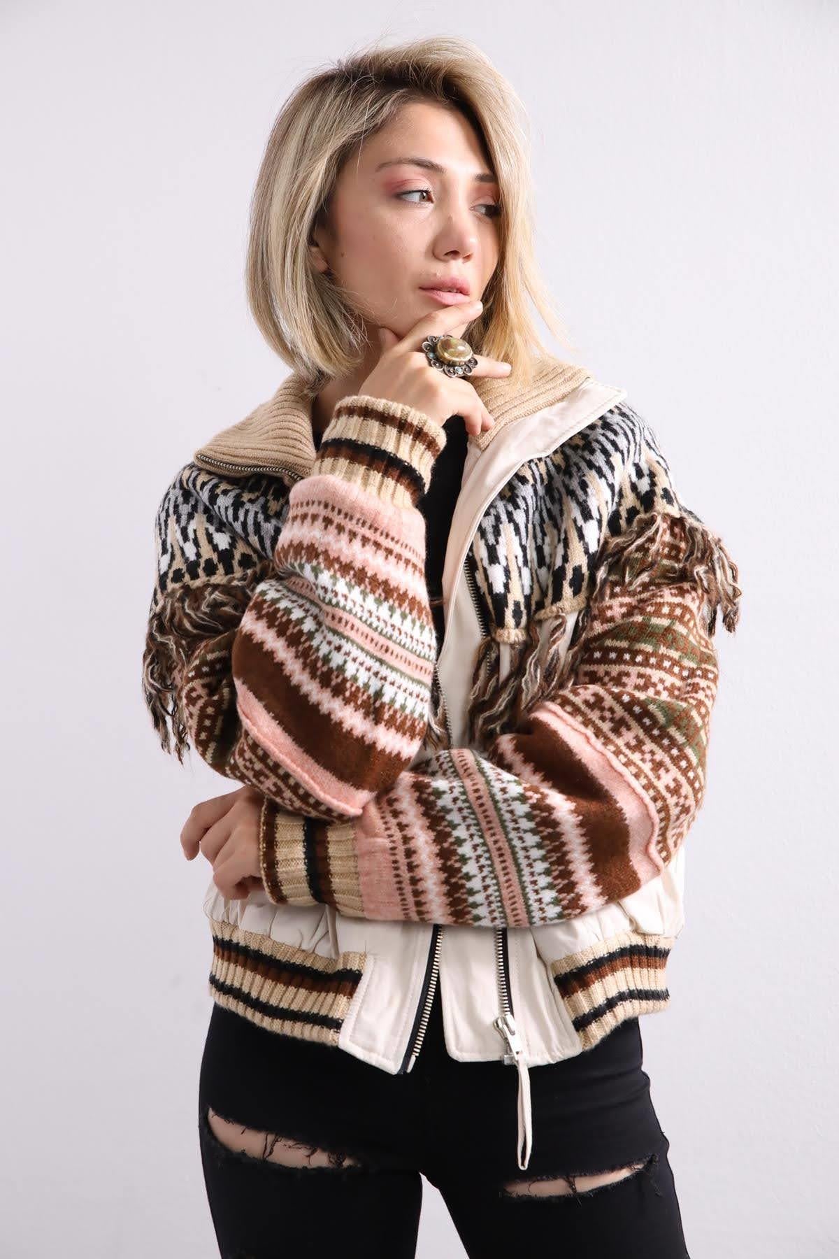 Taş Rengi Desenli Bomber Ceket - Şaman Butik Taş Rengi Desenli Bomber Ceket