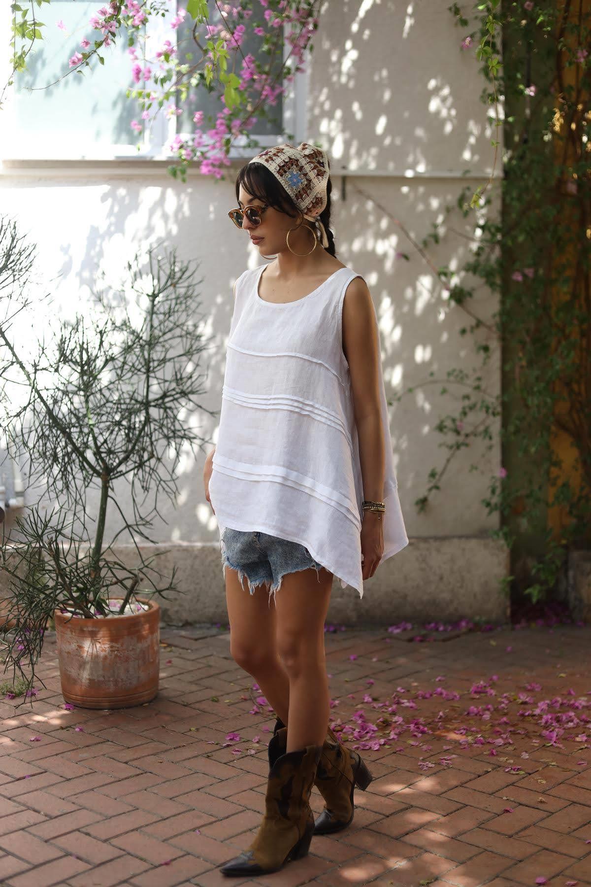 White Strappy Layered Linen Blouse