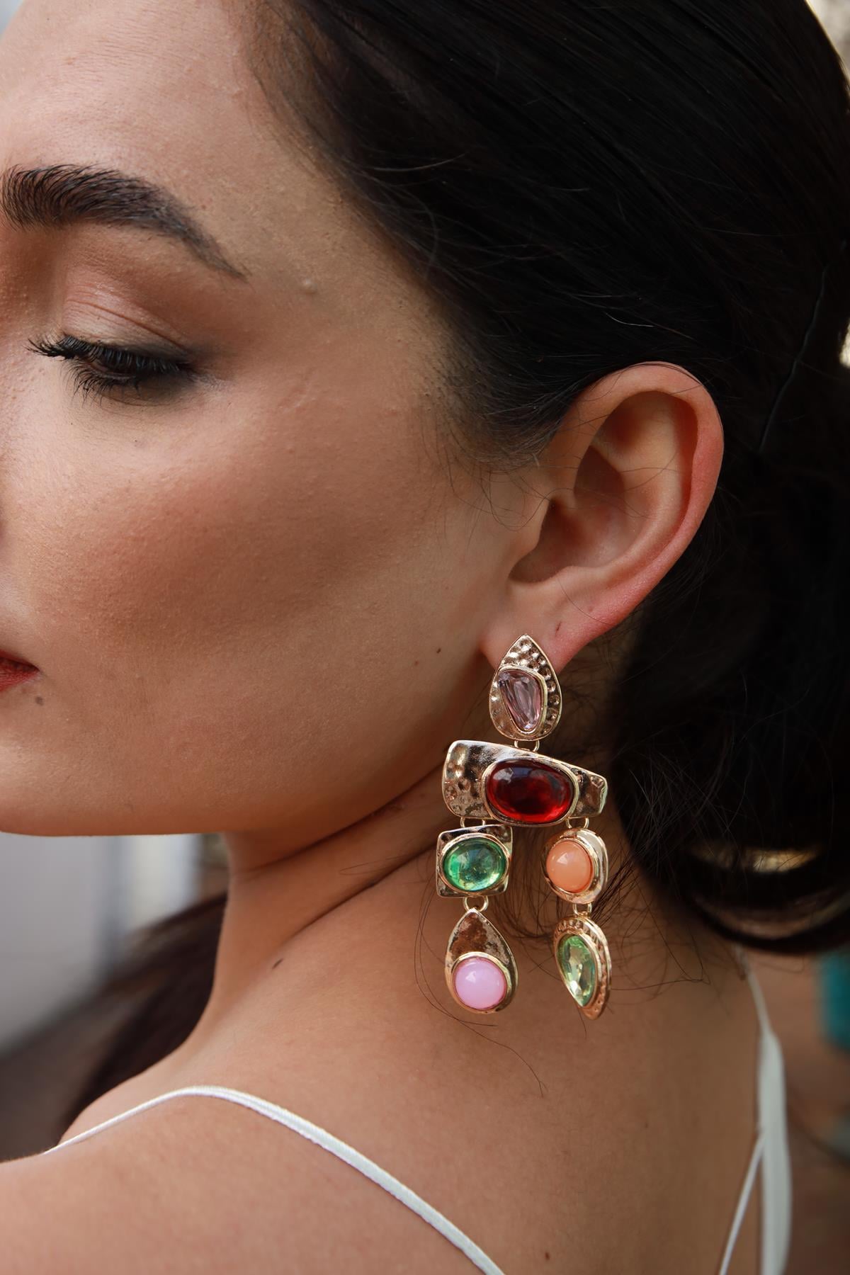Colorful Stones Gold Plated Earrings
