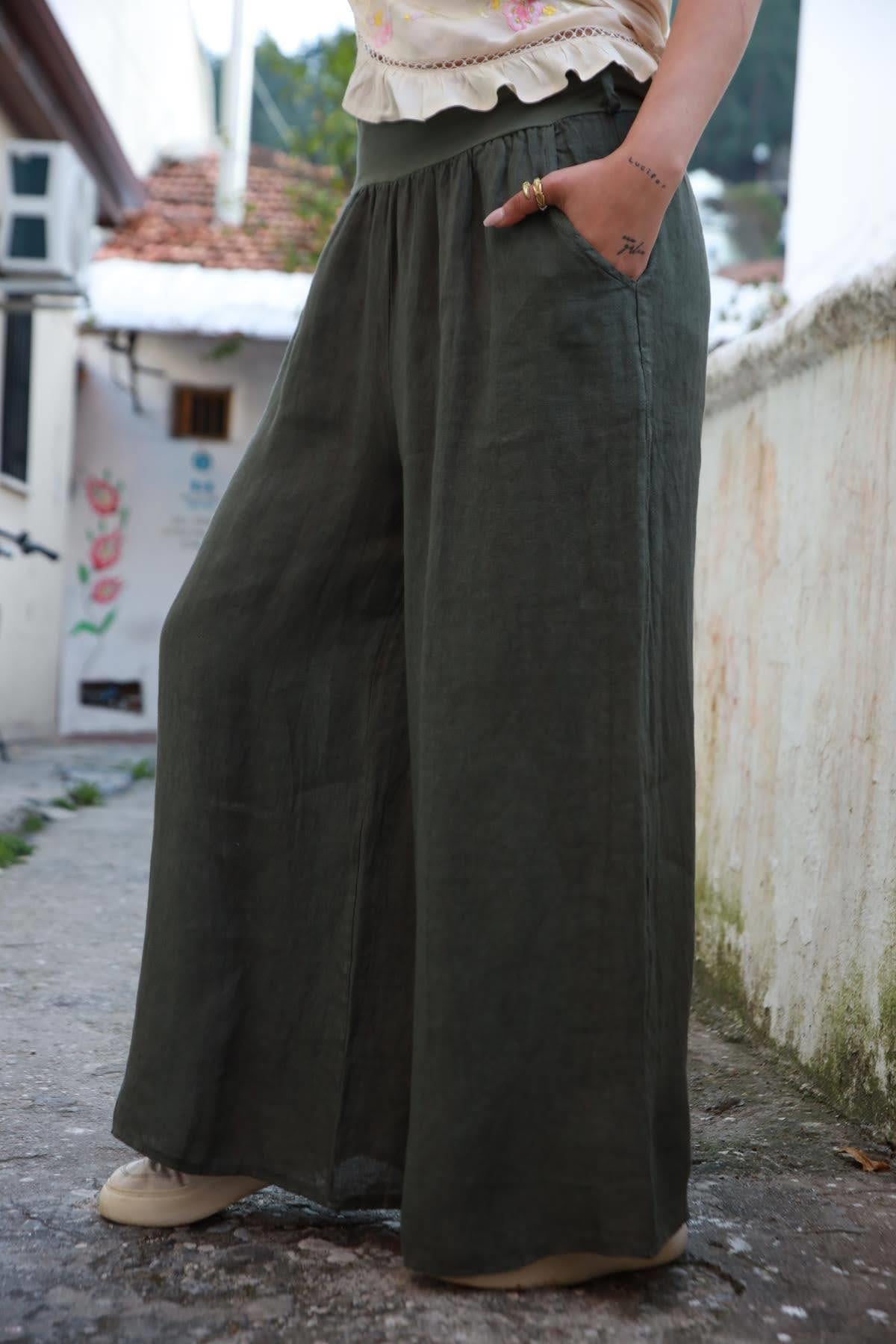 Koyu Haki Beli Lastikli Asena Pantolon