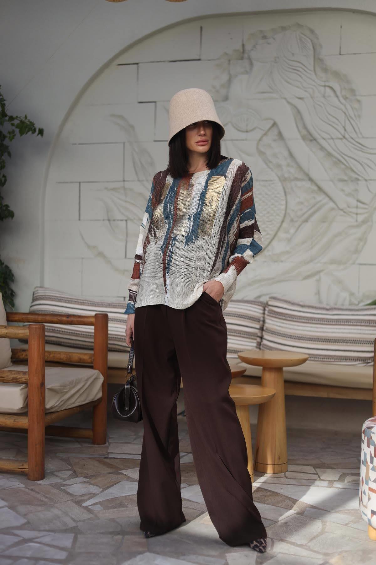 Kahverengi Gizli Düğmeli Palazzo Pantolon