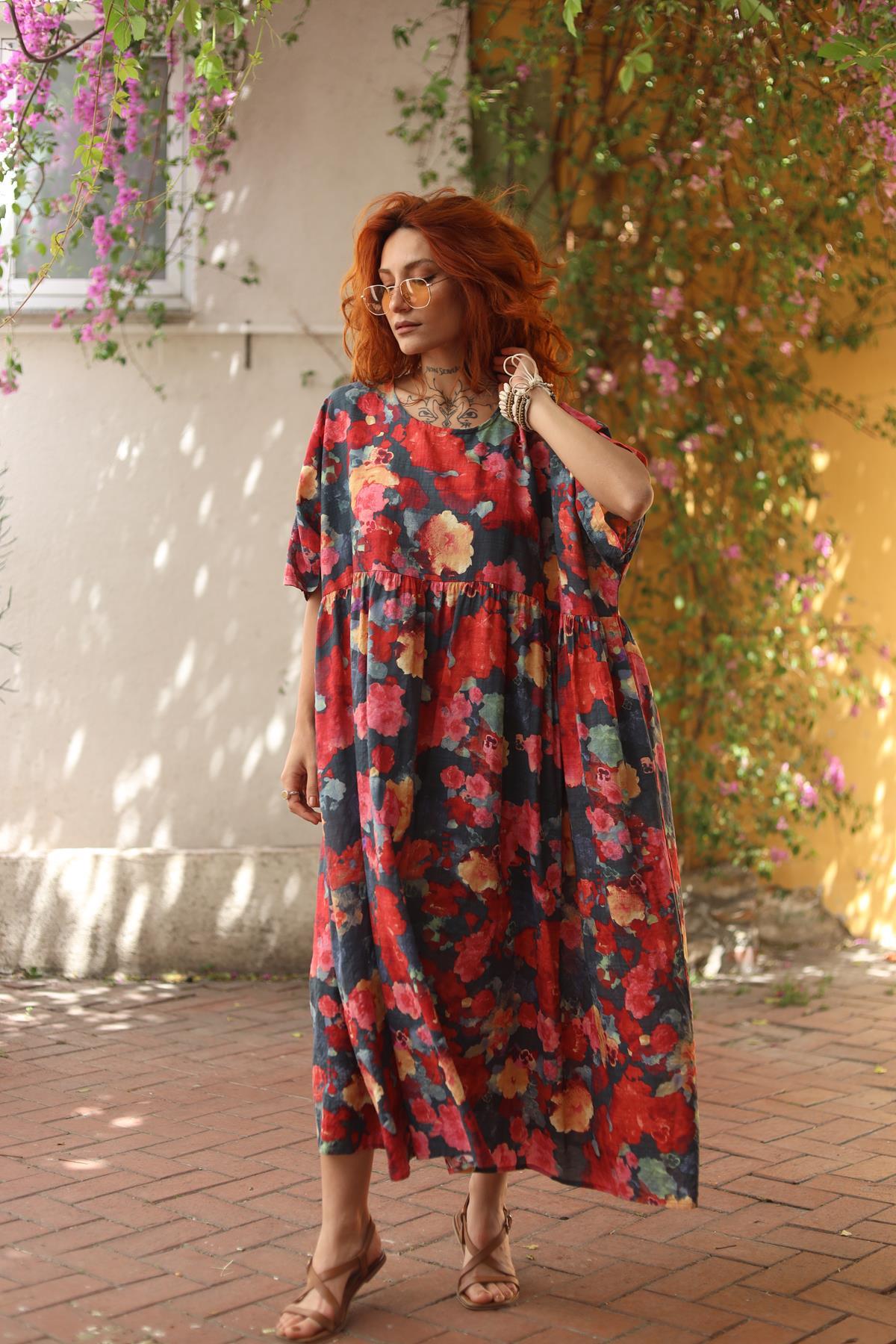 Lacivert Bisiklet Yaka Çiçek Desenli Otantik Elbise