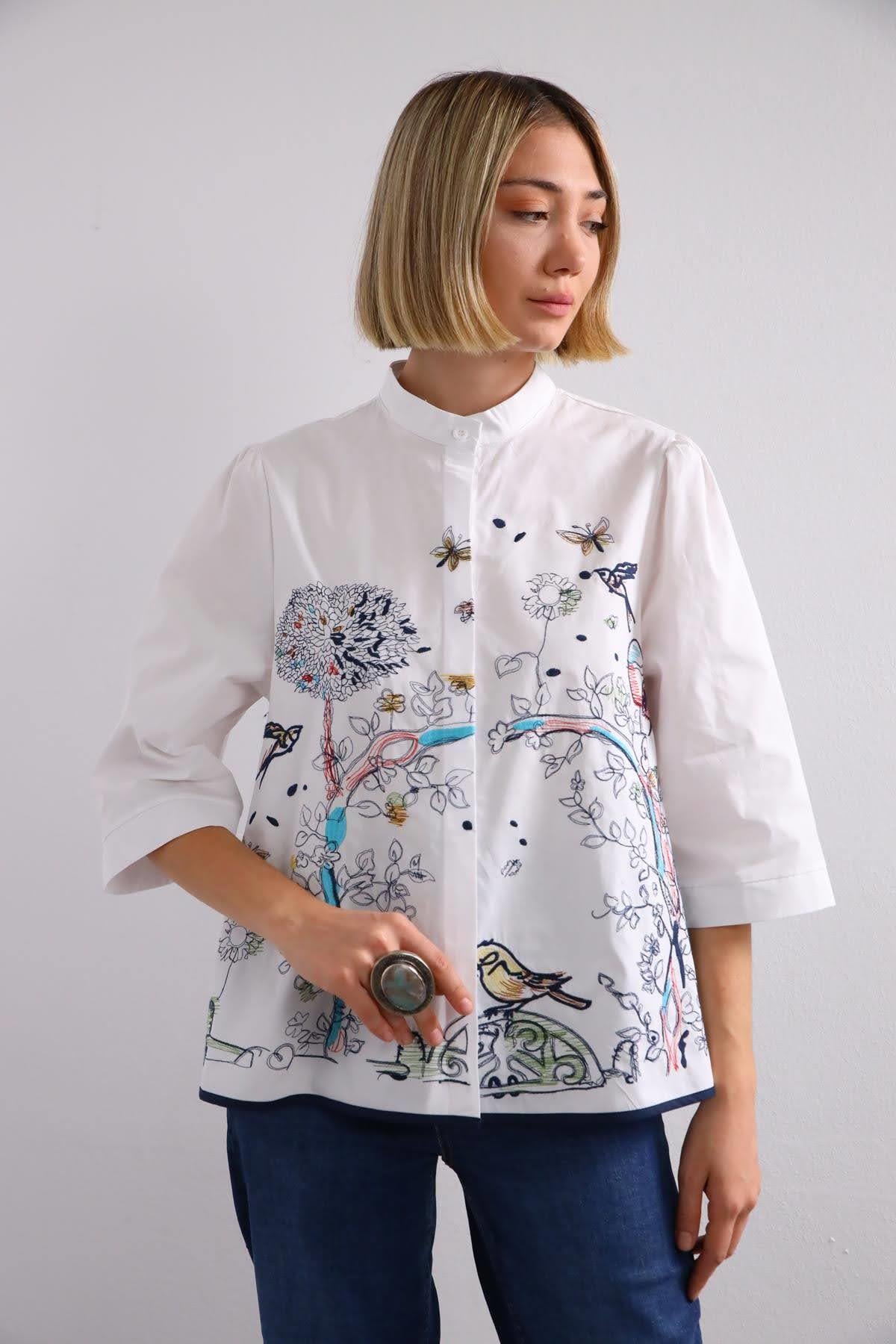 Beyaz Kuş Figürlü Kapri Kol Gömlek - Şaman Butik Beyaz Kuş Figürlü Kapri Kol Gömlek