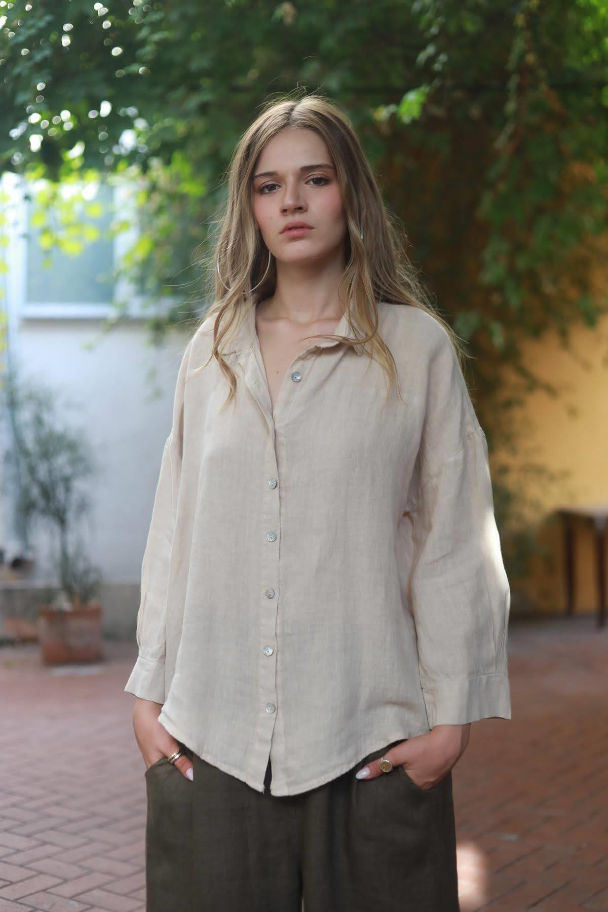 Beige Batwing Sleeve Linen Shirt