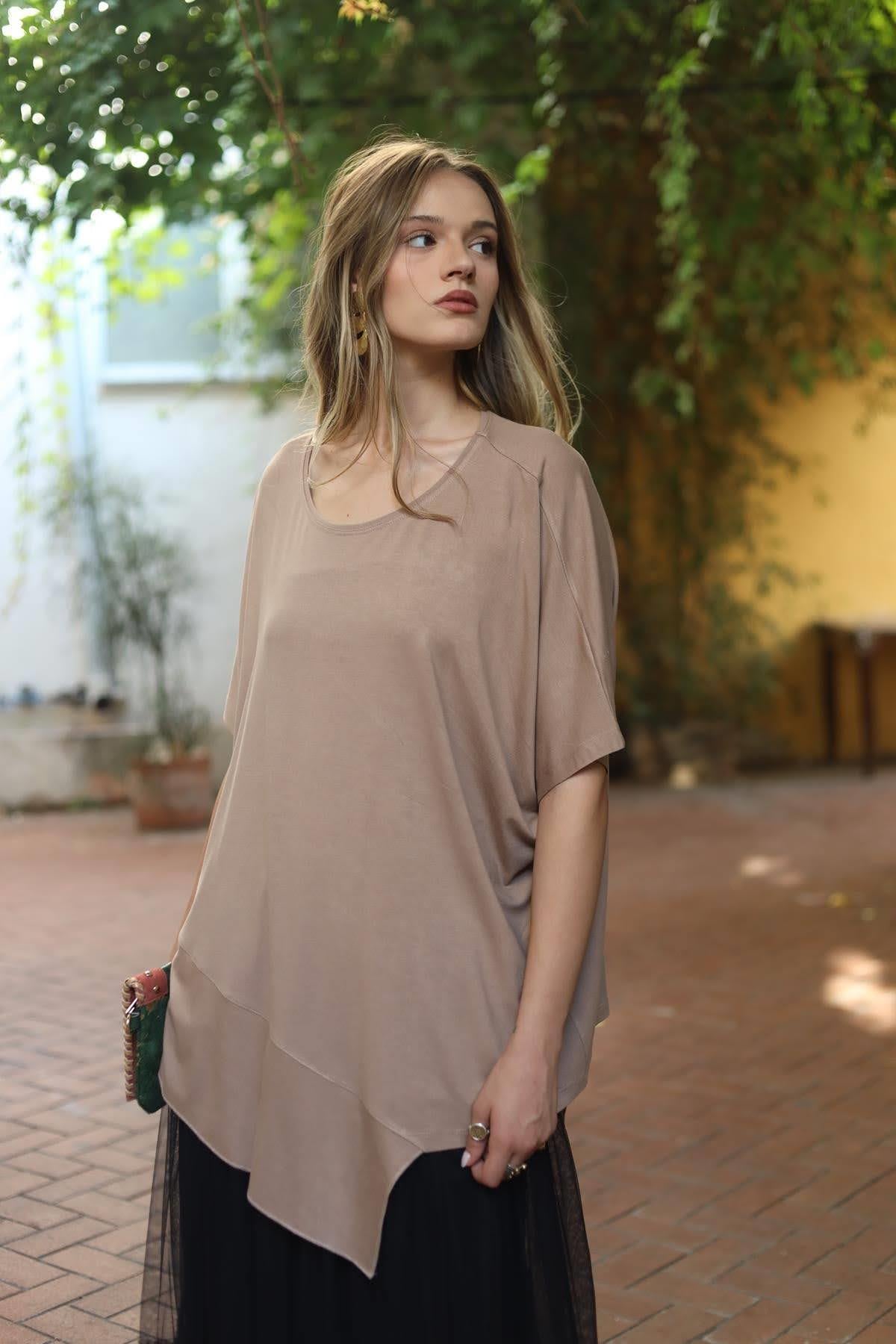 Sütlü Kahve Altı Parçalı Kısa Kollu Bluz