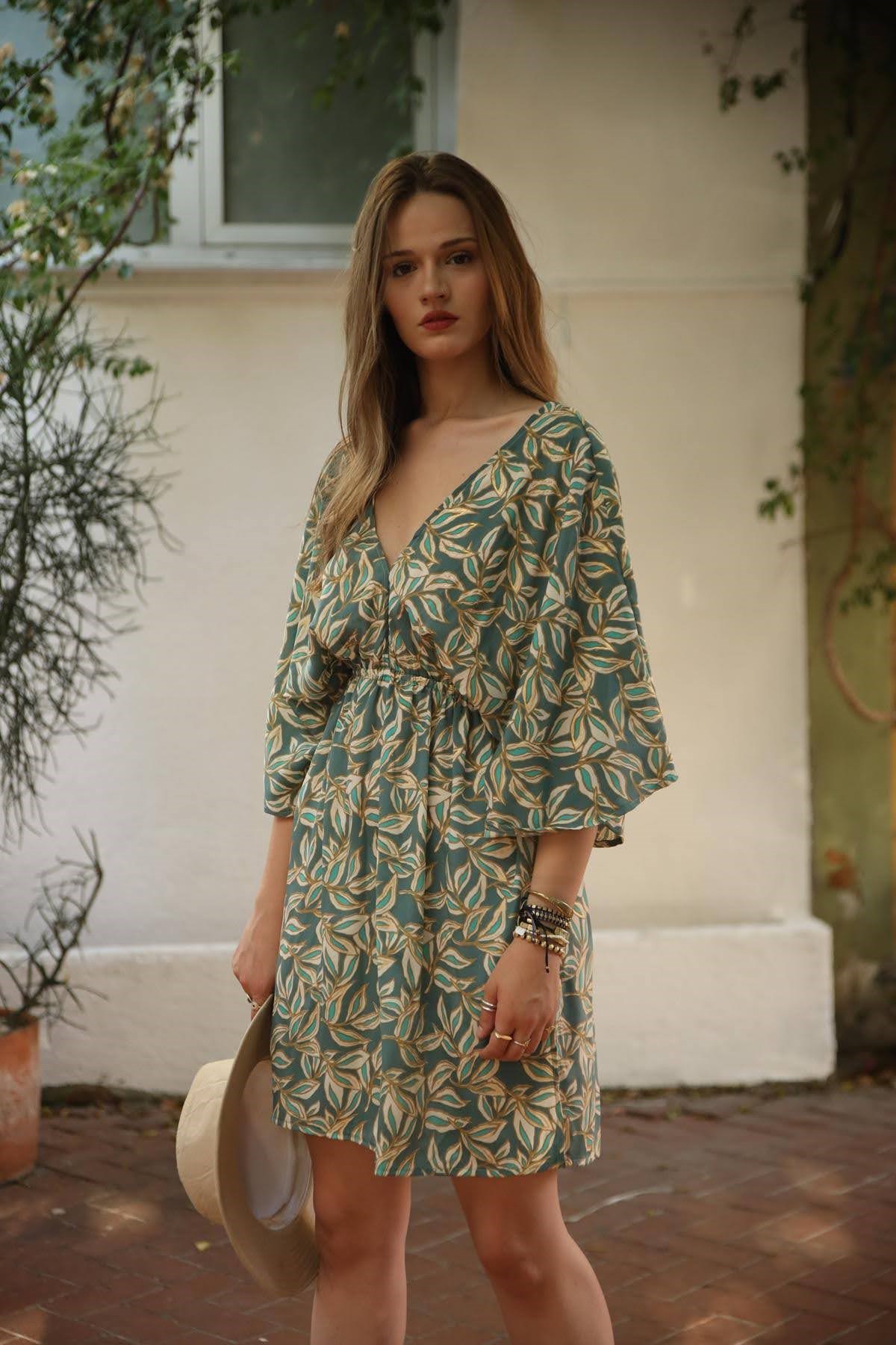 Petrol Green V Neck Mini Silk Dress