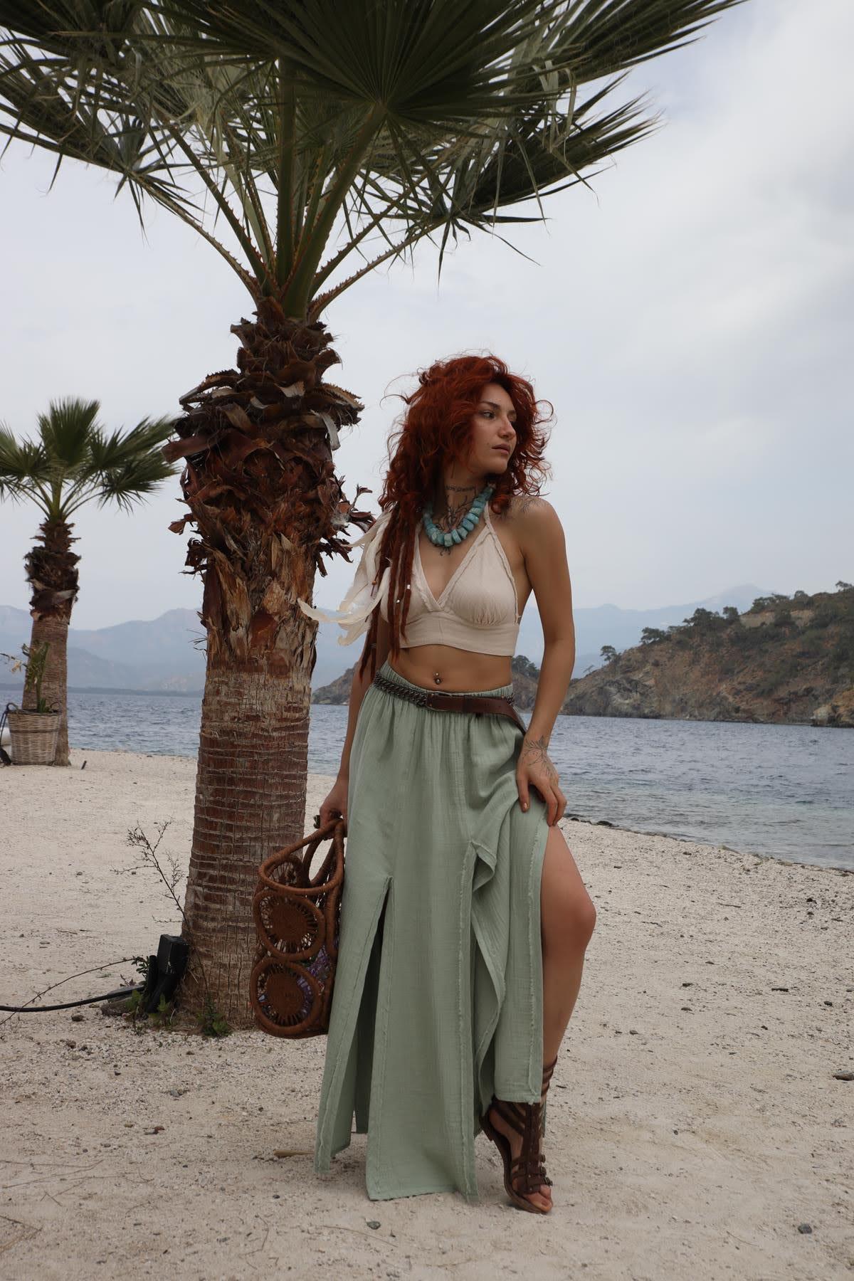 Mint Green Tassel Slit Skirt