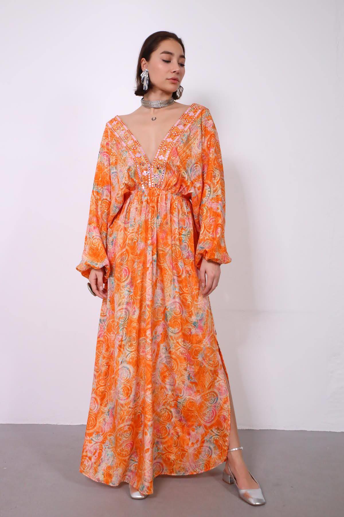 Turuncu Önü Arkası V Yaka Yırtmaçlı Otantik İpek Elbise - Şaman Butik Turuncu Önü Arkası V Yaka Yırtmaçlı Otantik İpek Elbise