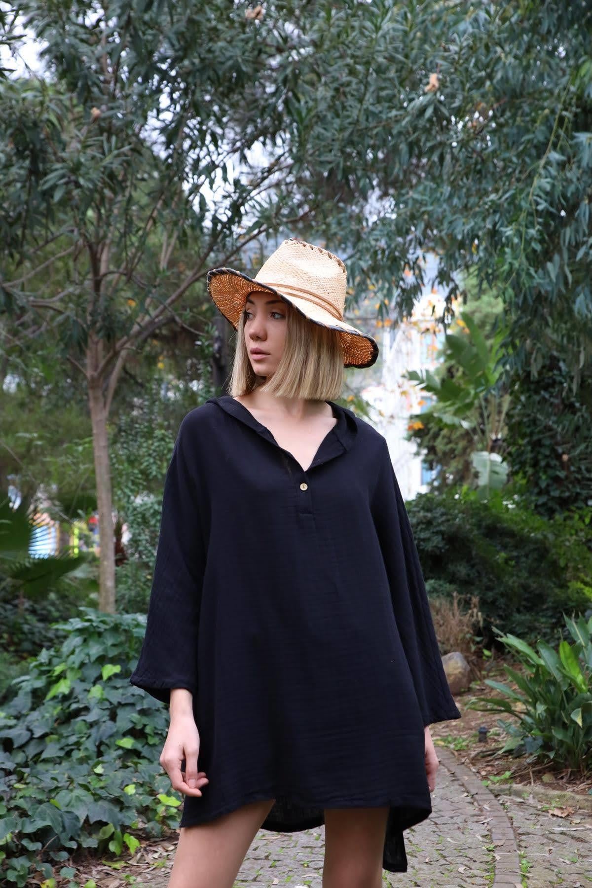 Siyah Kapüşonlu Yarasa Kol Gömlek - Şaman Butik Siyah Kapüşonlu Yarasa Kol Gömlek