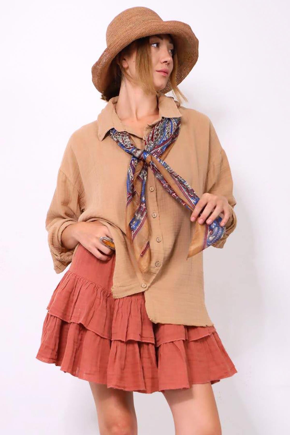 Sütlü Kahve Desenli İpek Şal - Şaman Butik Sütlü Kahve Desenli İpek Şal