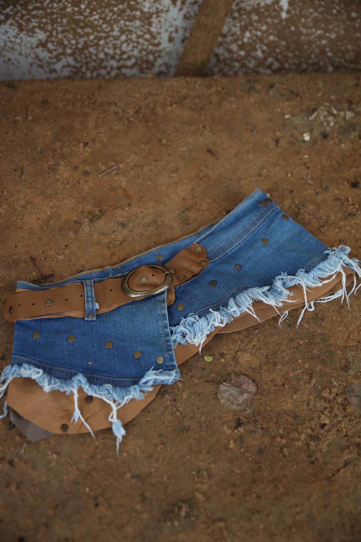 Camel Color Denim Detailed Leather Belt