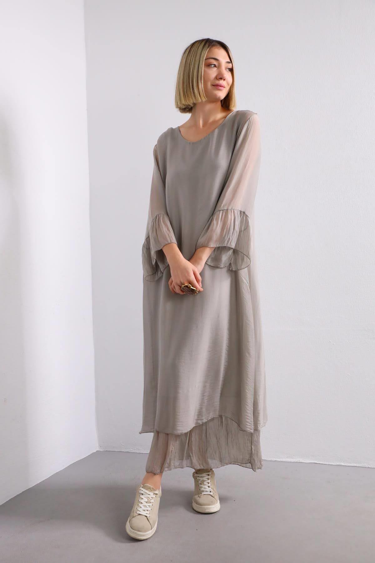 Gri Bisiklet Yaka Salaş İpek Elbise - Şaman Butik Gri Bisiklet Yaka Salaş İpek Elbise