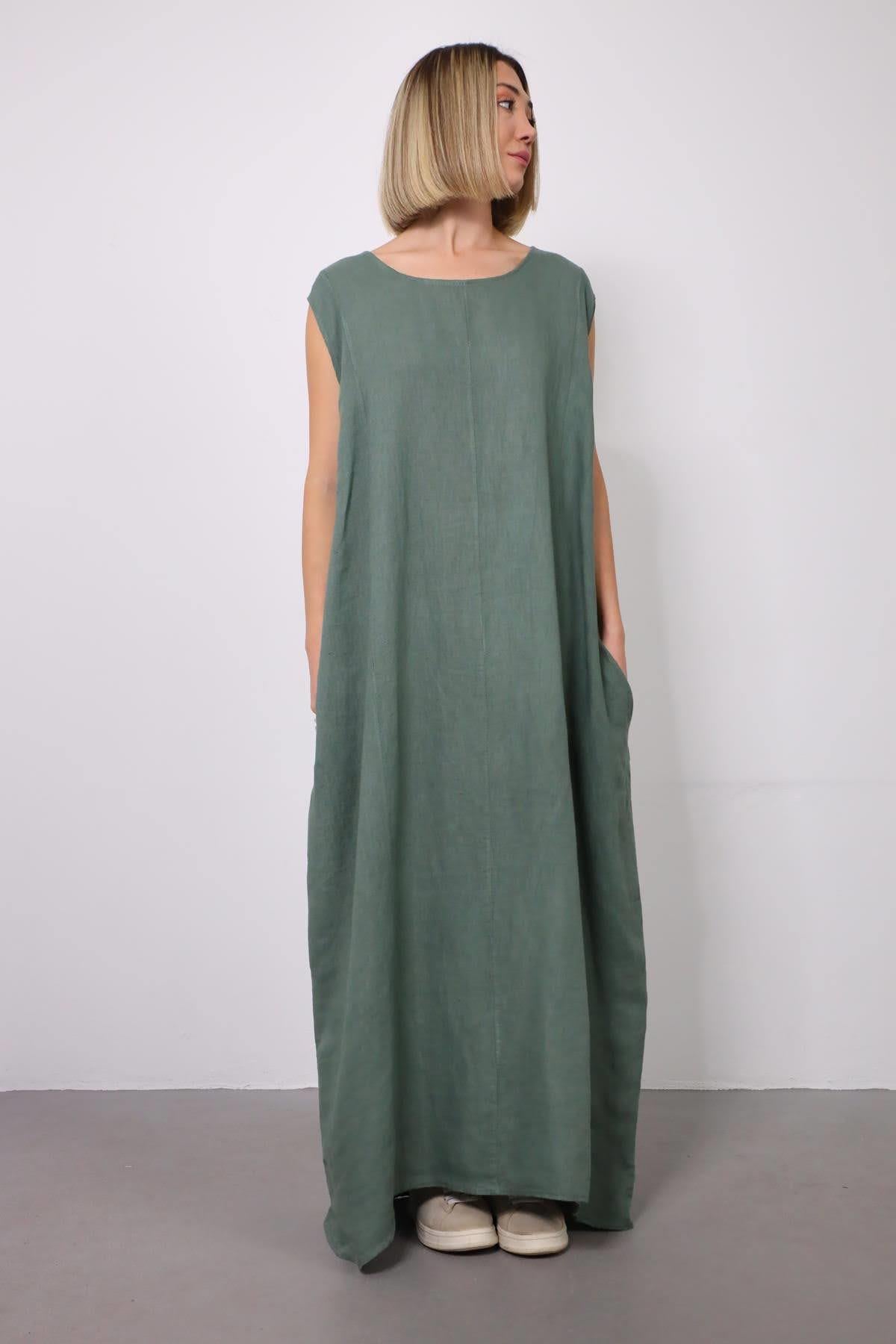 Haki Dikiş Detaylı Kalın Askılı Keten Elbise - Şaman Butik Haki Dikiş Detaylı Kalın Askılı Keten Elbise