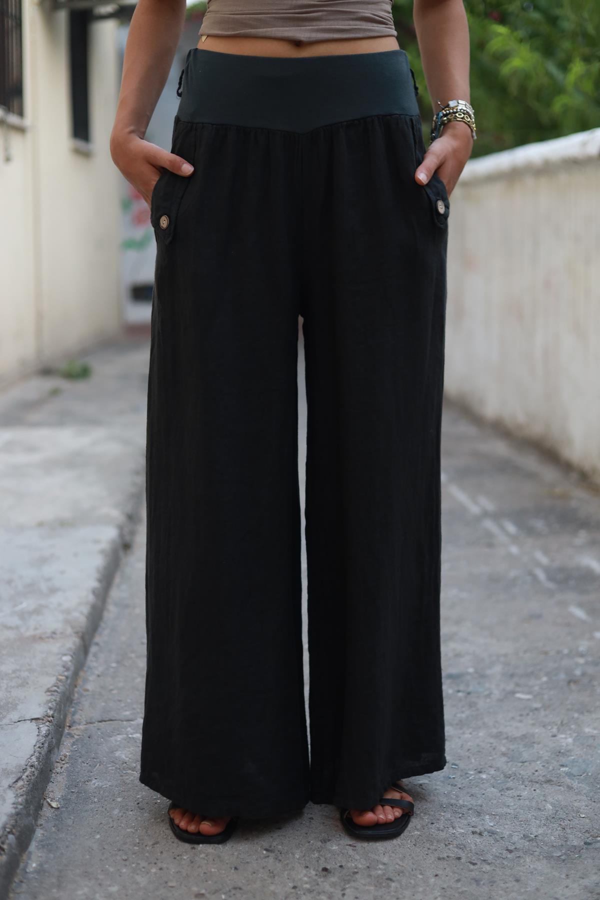 Antrasit Cebi Tek Düğmeli Salaş Keten Pantolon