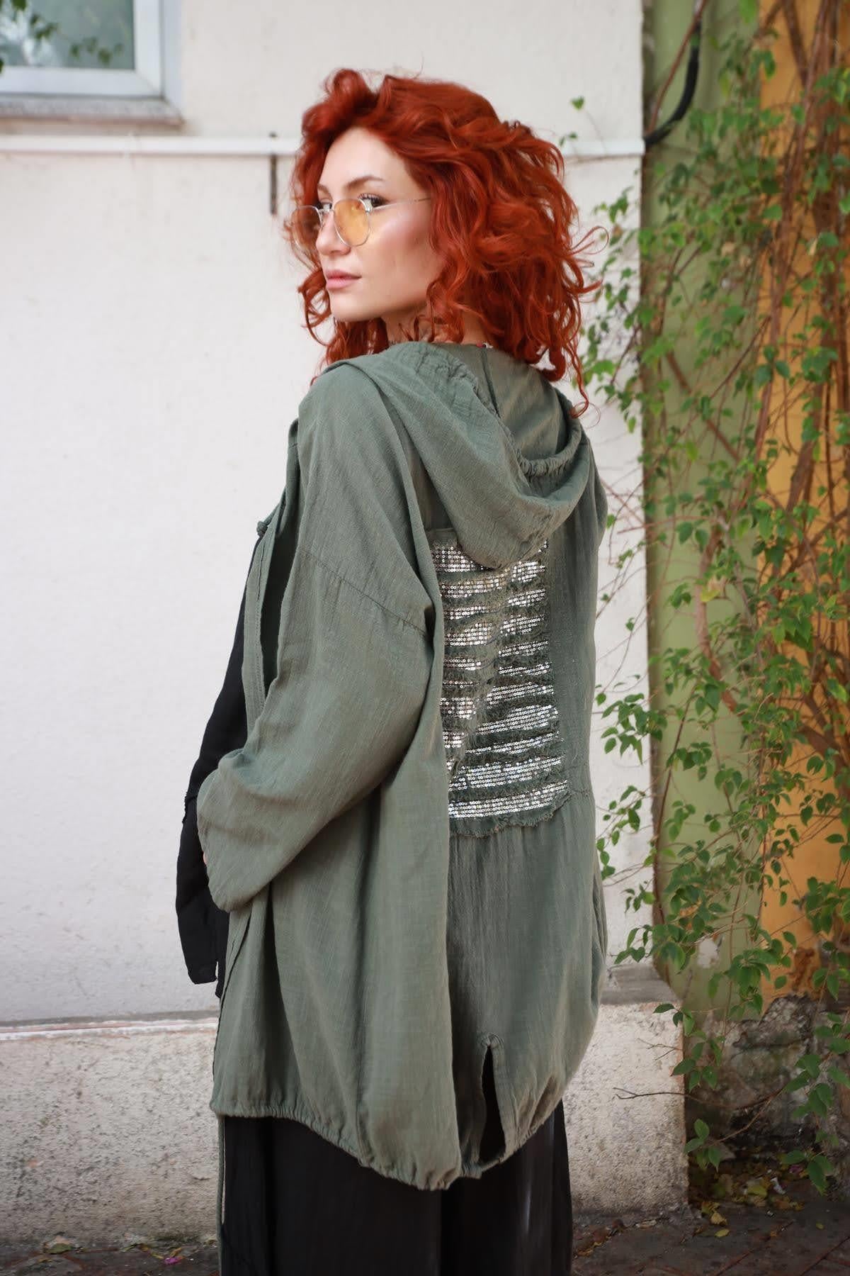 Khaki Hooded Back Sequined Jacket