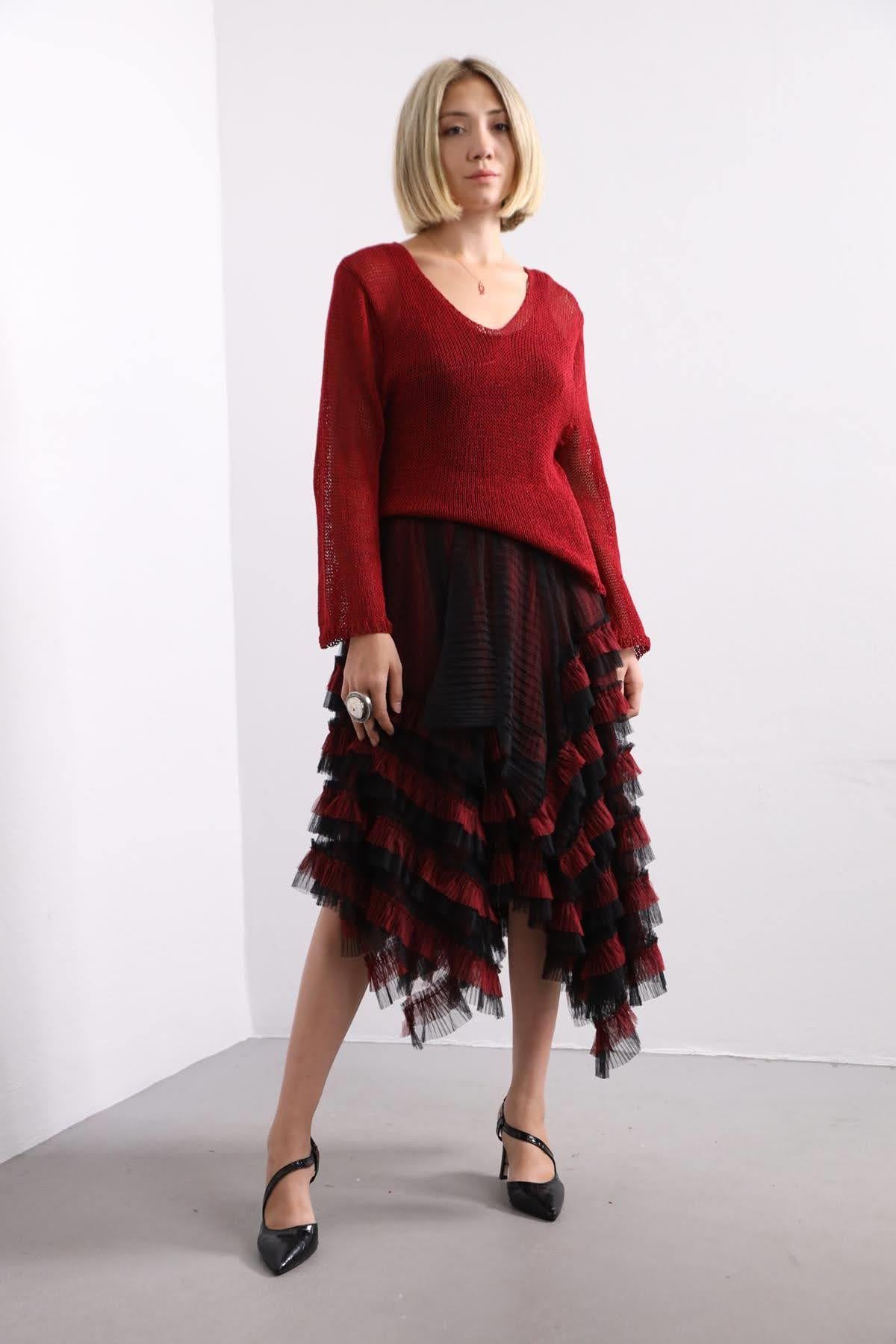 Claret Red V-Neck Long Back Mercerized Blouse - Saman Butik | Shop Online Claret Red V-Neck Long Back Mercerized Blouse