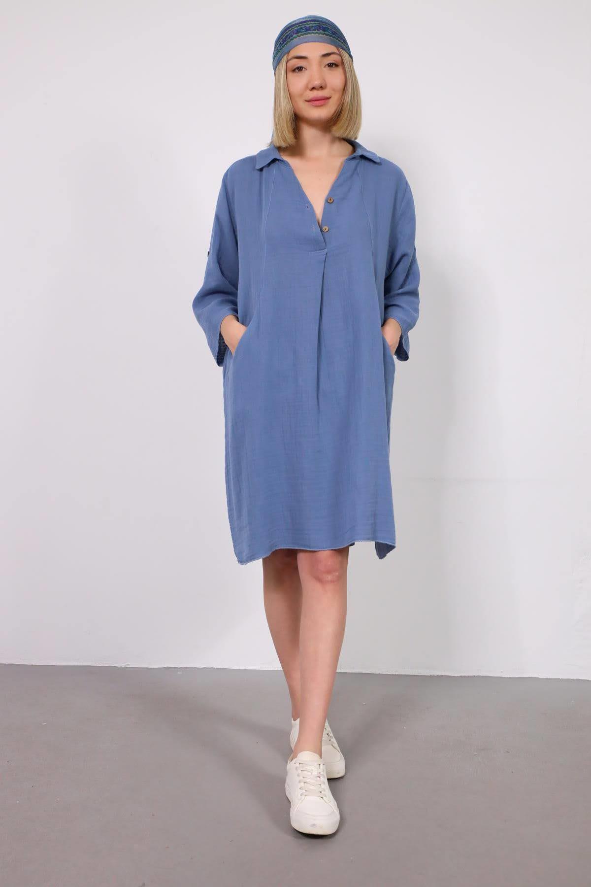  İndigo Mavi Kolları Apoletli Gömlek Yaka Müslin Elbise