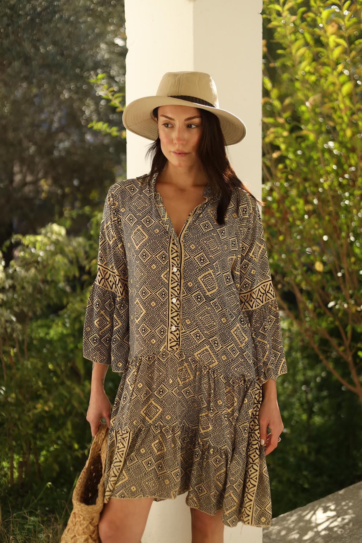 Lacivert Otantik Desenli Düğmeli İpek Elbise