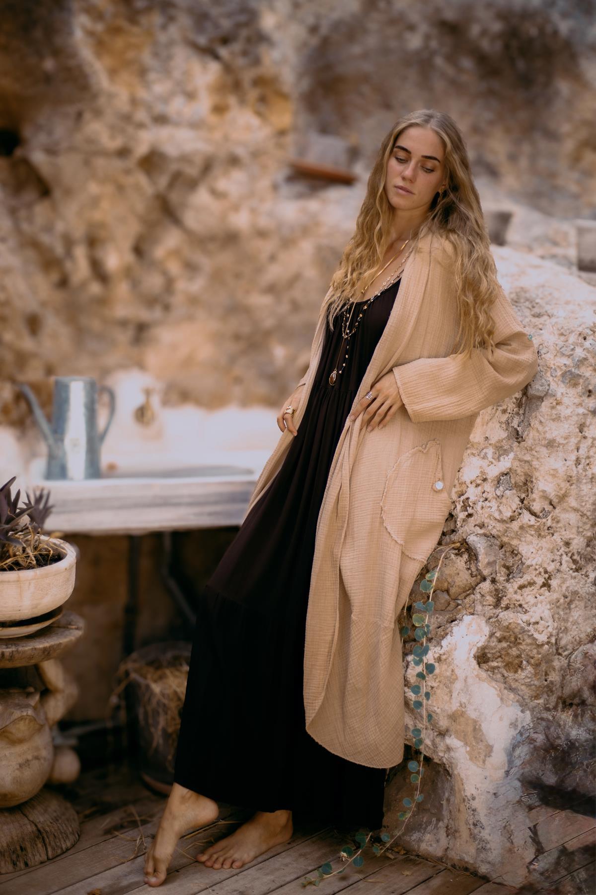 Camel Tasseled Pocket Detailed Muslin Caftan