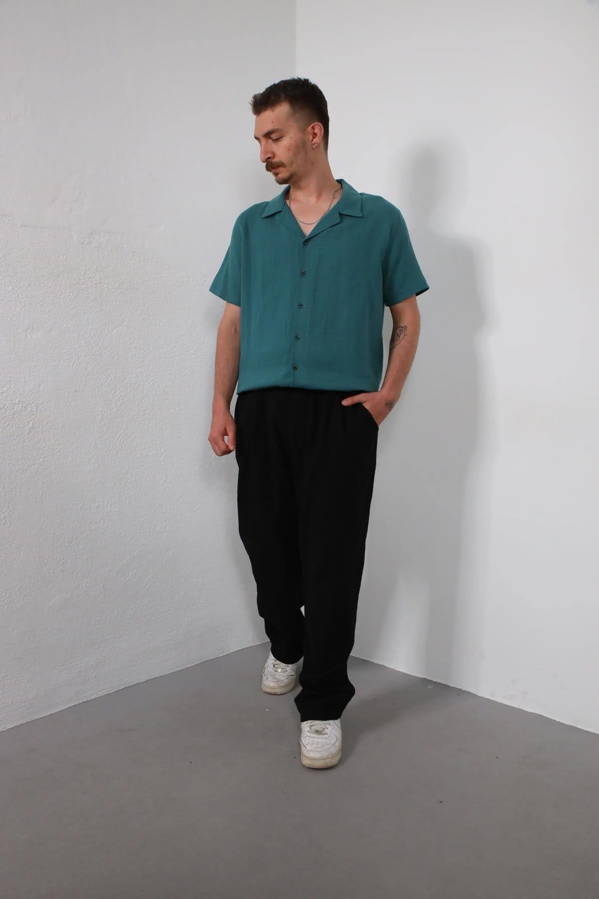  Siyah Beli Lastikli Pileli Pantolon