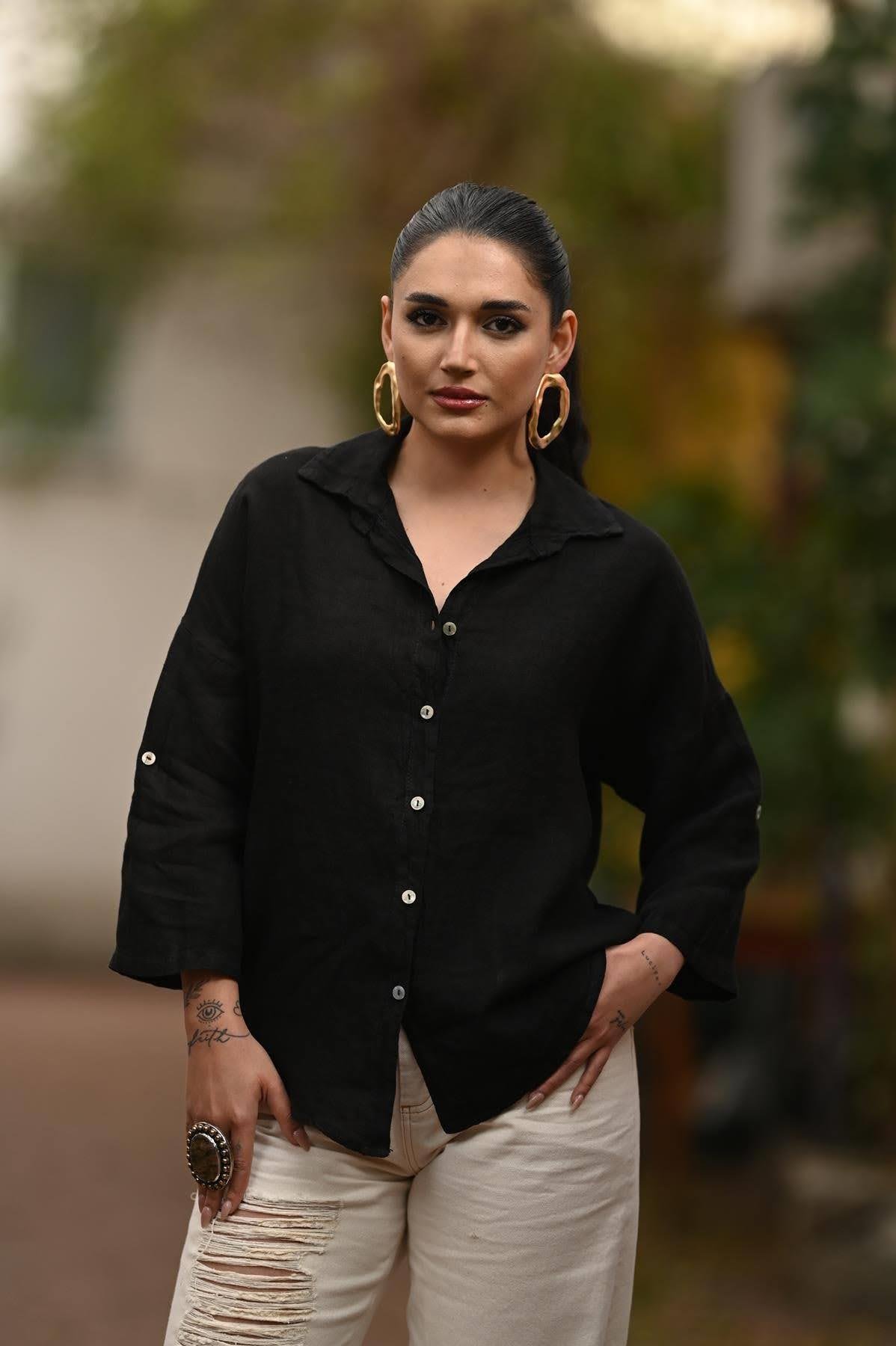 Black Oval Cut Linen Shirt