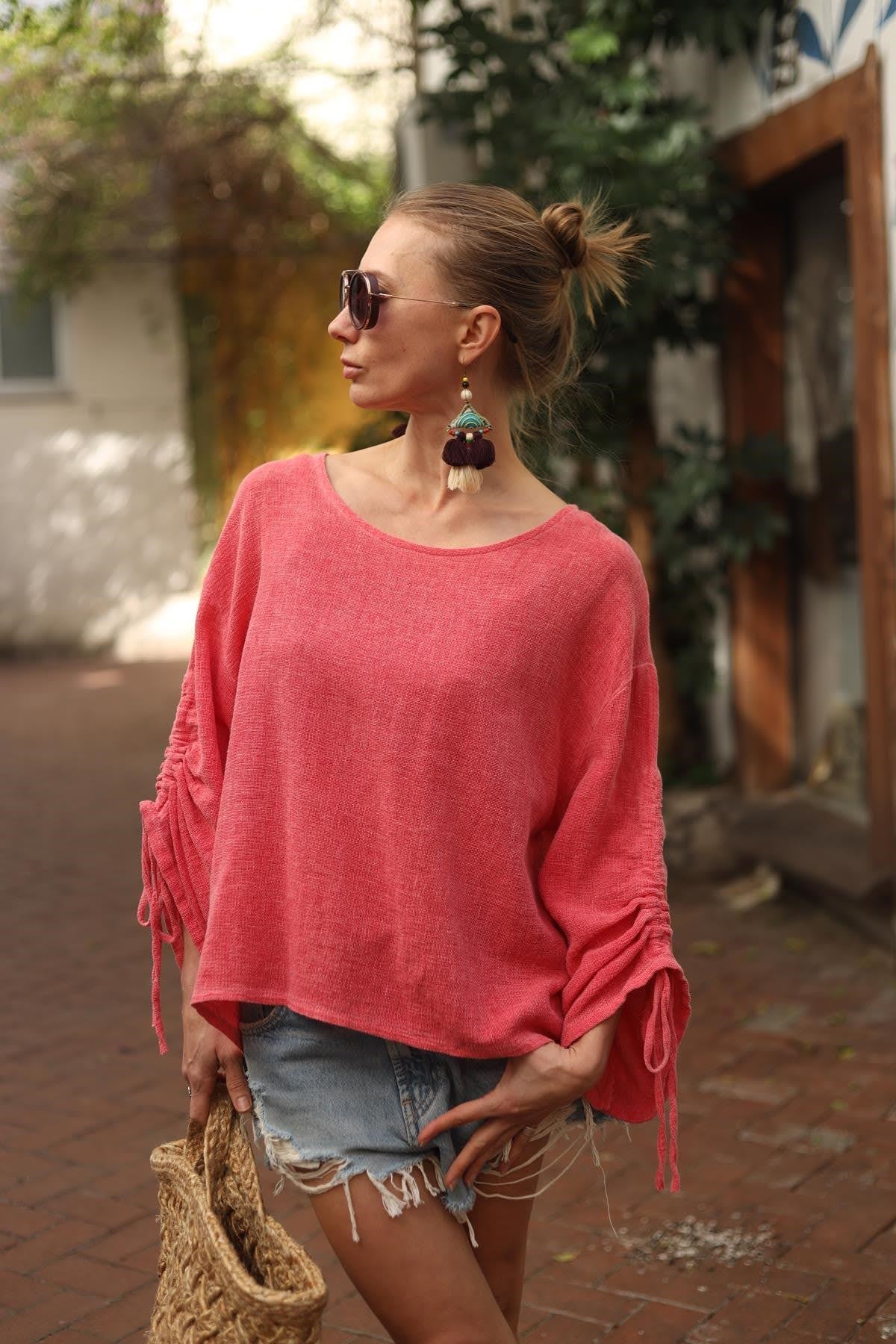 Narçiçeği Kolları Büzgülü Soft Keten Bluz