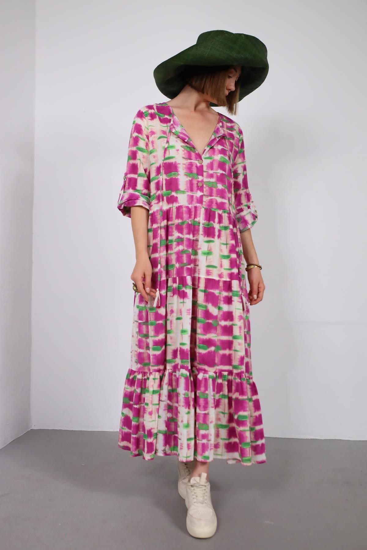 Pembe Desenli Salaş Elbise - Şaman Butik - Bohem Giyim ve Aksesuar | Kadın & Erkek Pembe Desenli Salaş Elbise