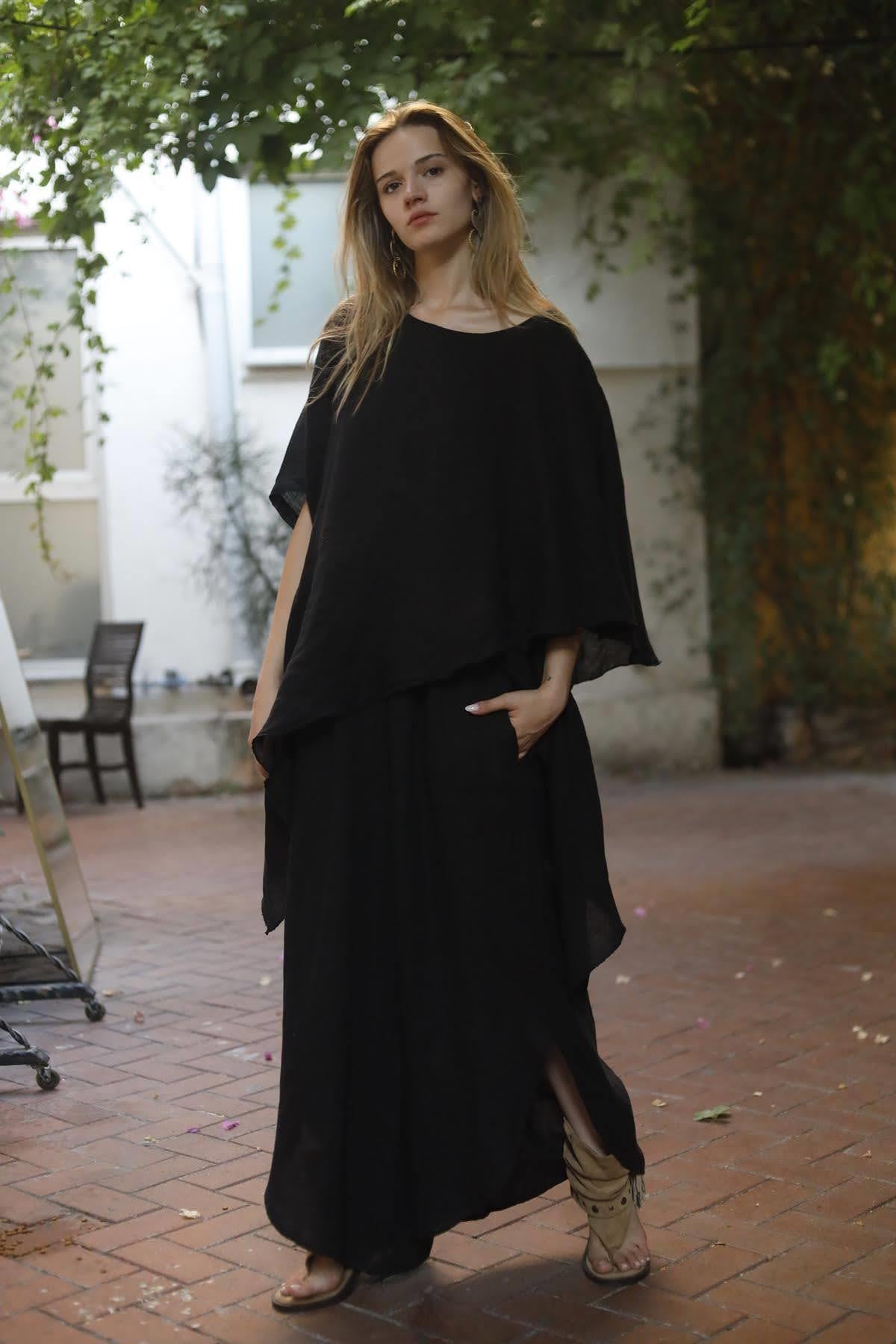 Siyah Asimetrik Kesim Keten Takım