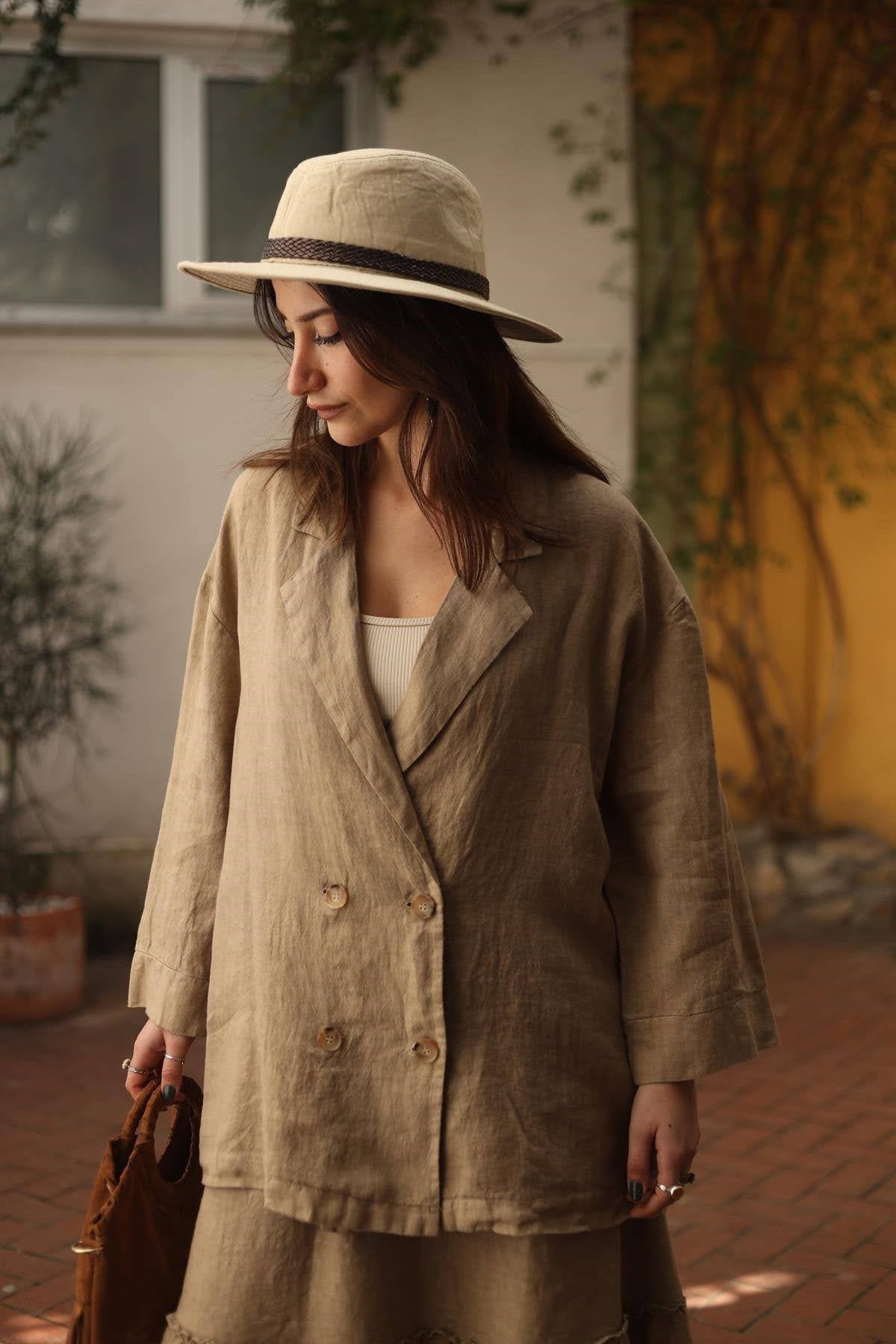 Camel Rengi Keten Blazer Ceket