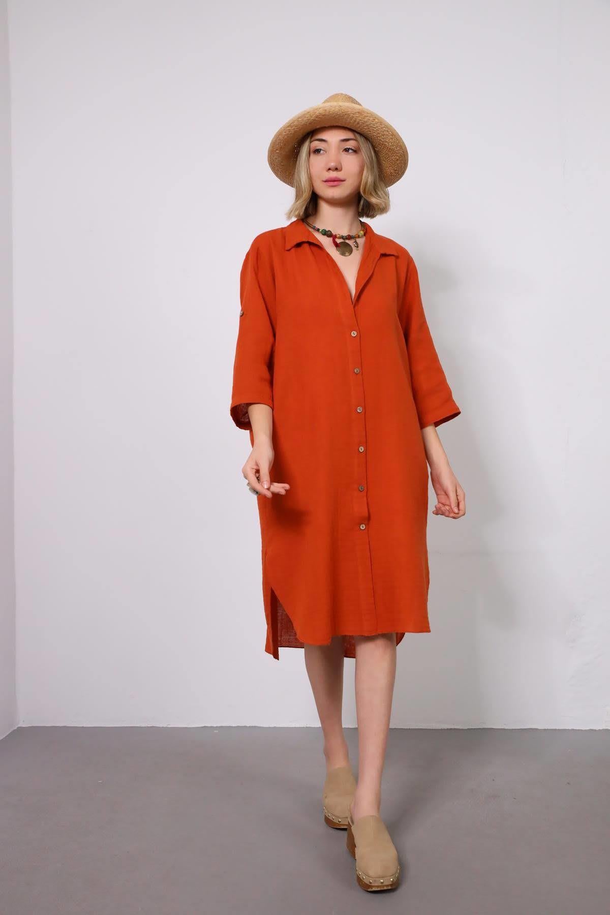 Kiremit Rengi Apoletli Müslin Gömlek Elbise - Şaman Butik Kiremit Rengi Apoletli Müslin Gömlek Elbise
